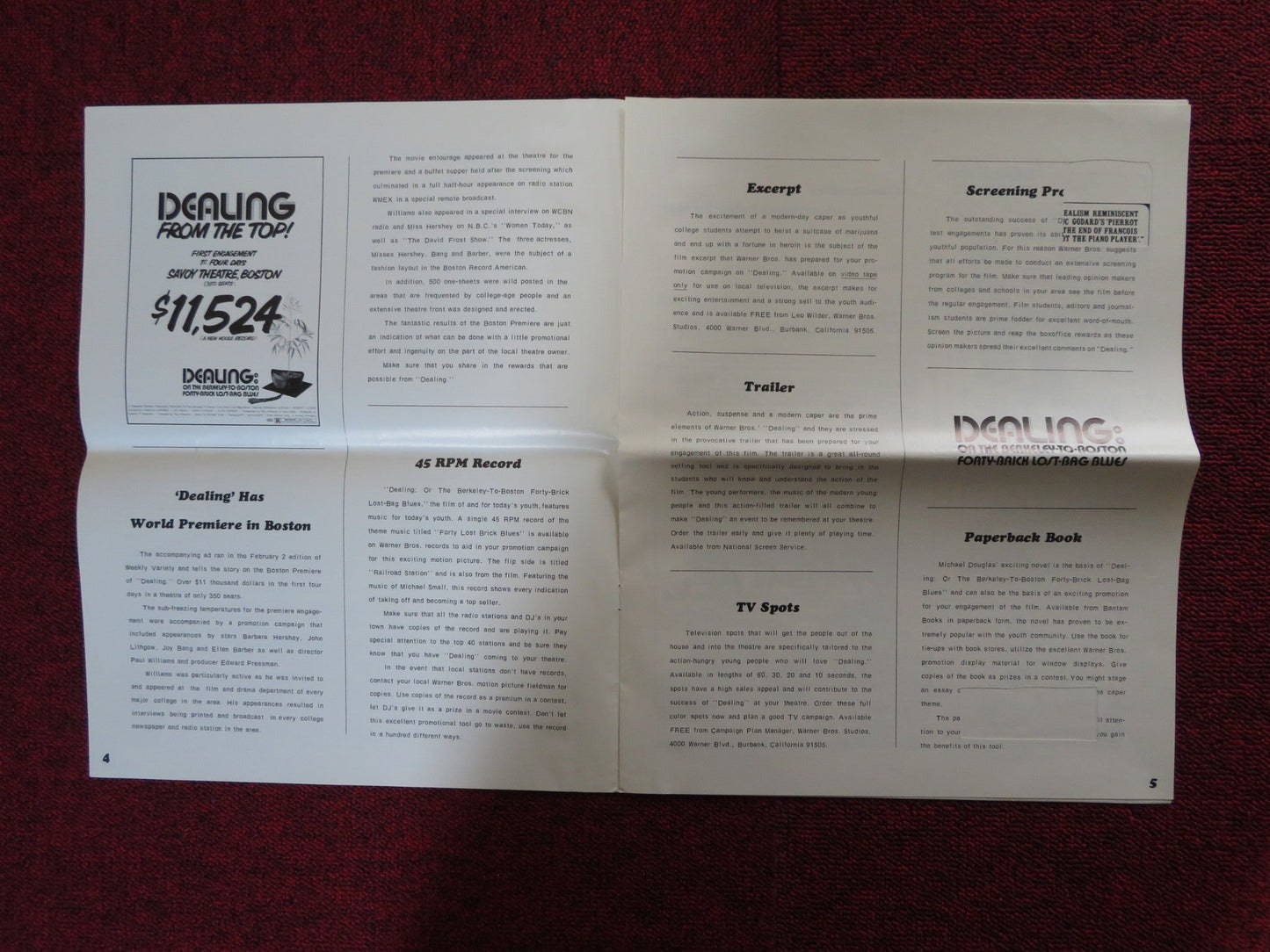 DEALING: OR THE BERKELEY TO BOSTON.. - PRESSBOOK CUT WARNER BROS. 1972 Rendezvous Cinema Movie posters