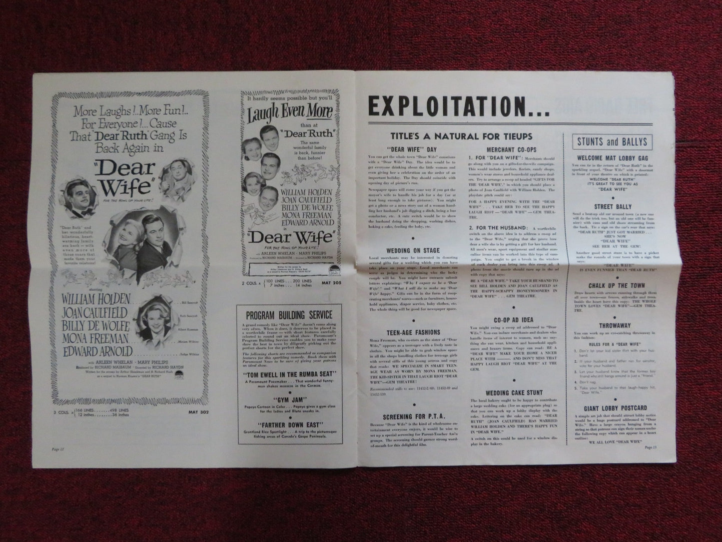 DEAR WIFE UNCUT FOLDED PRESS BOOK WILLIAM HOLDEN JOAN CAULFIELD 1950 Rendezvous Cinema Movie posters