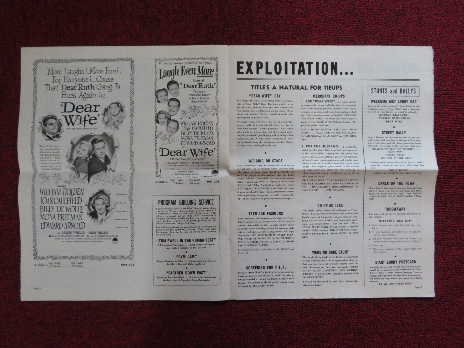 DEAR WIFE UNCUT FOLDED PRESS BOOK WILLIAM HOLDEN JOAN CAULFIELD 1950 Rendezvous Cinema Movie posters