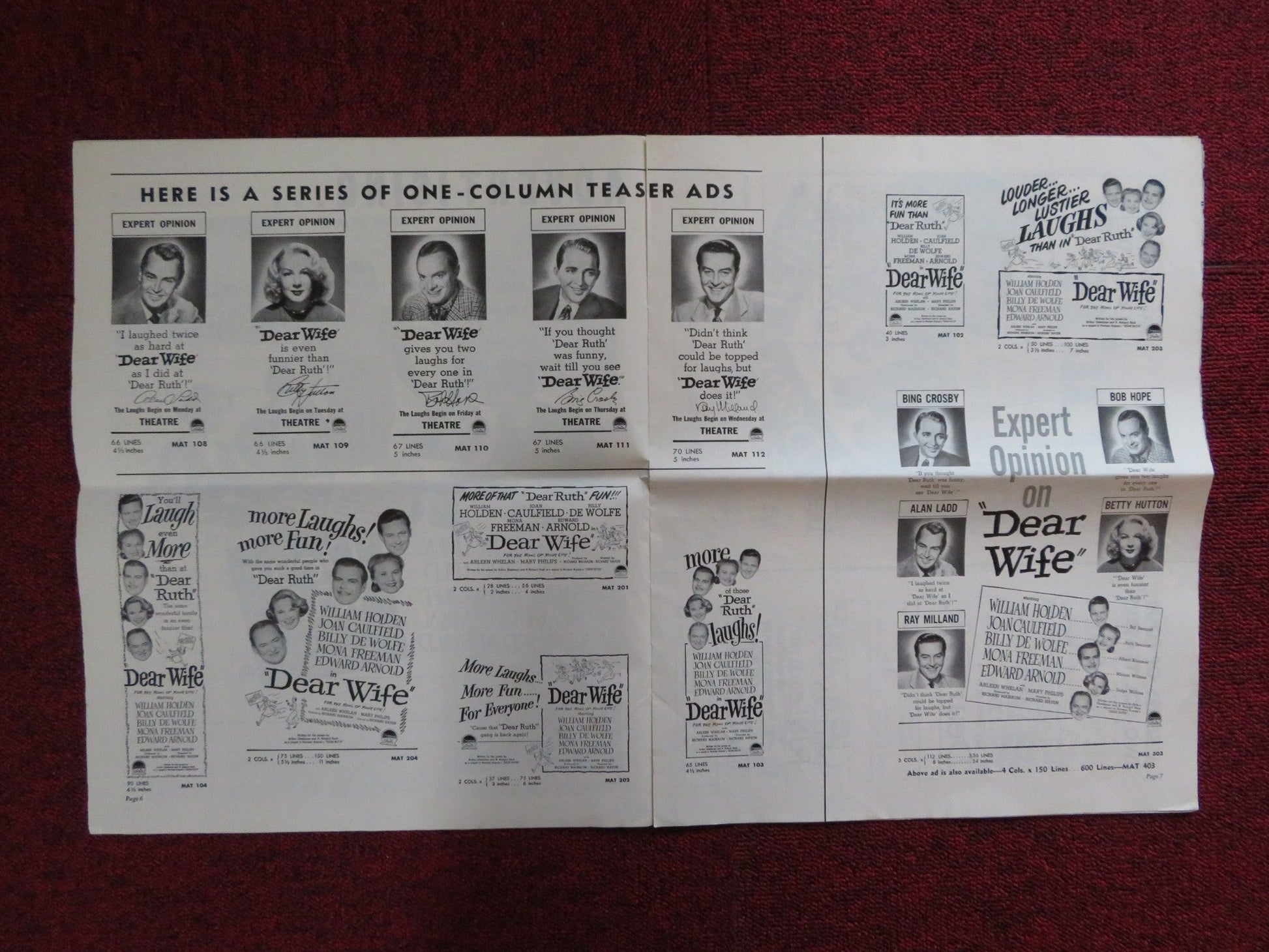 DEAR WIFE UNCUT FOLDED PRESS BOOK WILLIAM HOLDEN JOAN CAULFIELD 1950 Rendezvous Cinema Movie posters