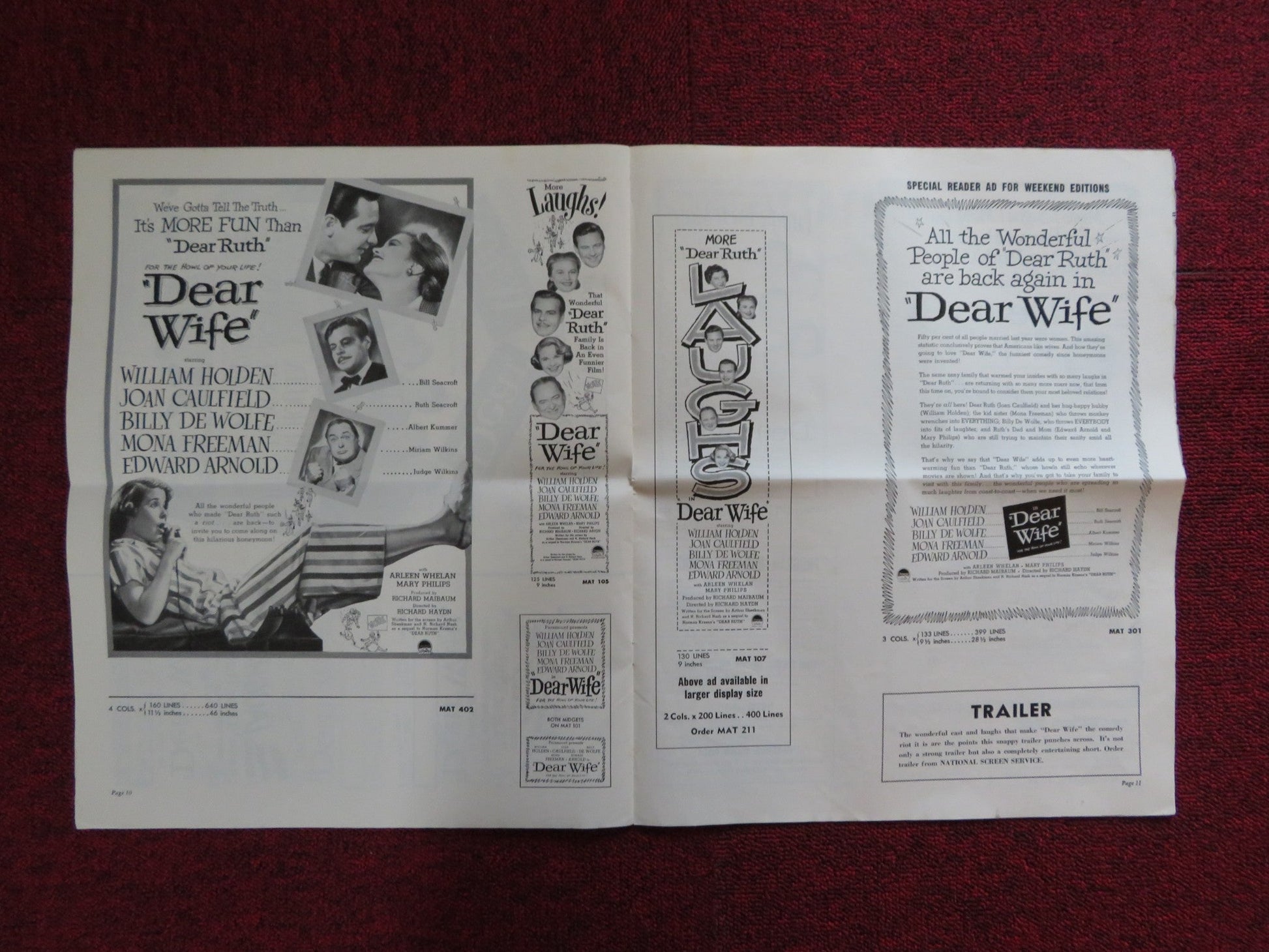 DEAR WIFE UNCUT FOLDED PRESS BOOK WILLIAM HOLDEN JOAN CAULFIELD 1950 Rendezvous Cinema Movie posters