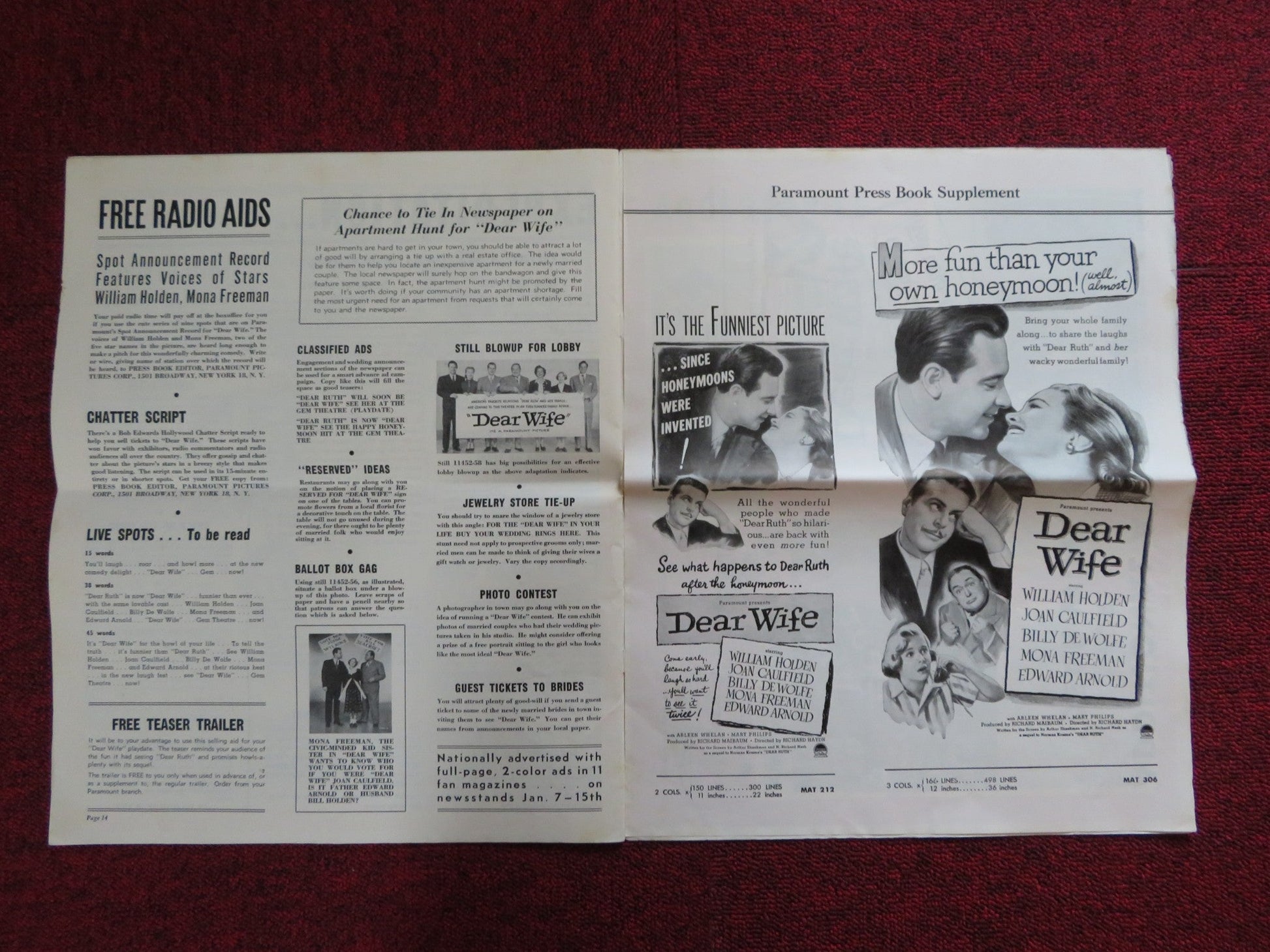 DEAR WIFE UNCUT FOLDED PRESS BOOK WILLIAM HOLDEN JOAN CAULFIELD 1950 Rendezvous Cinema Movie posters