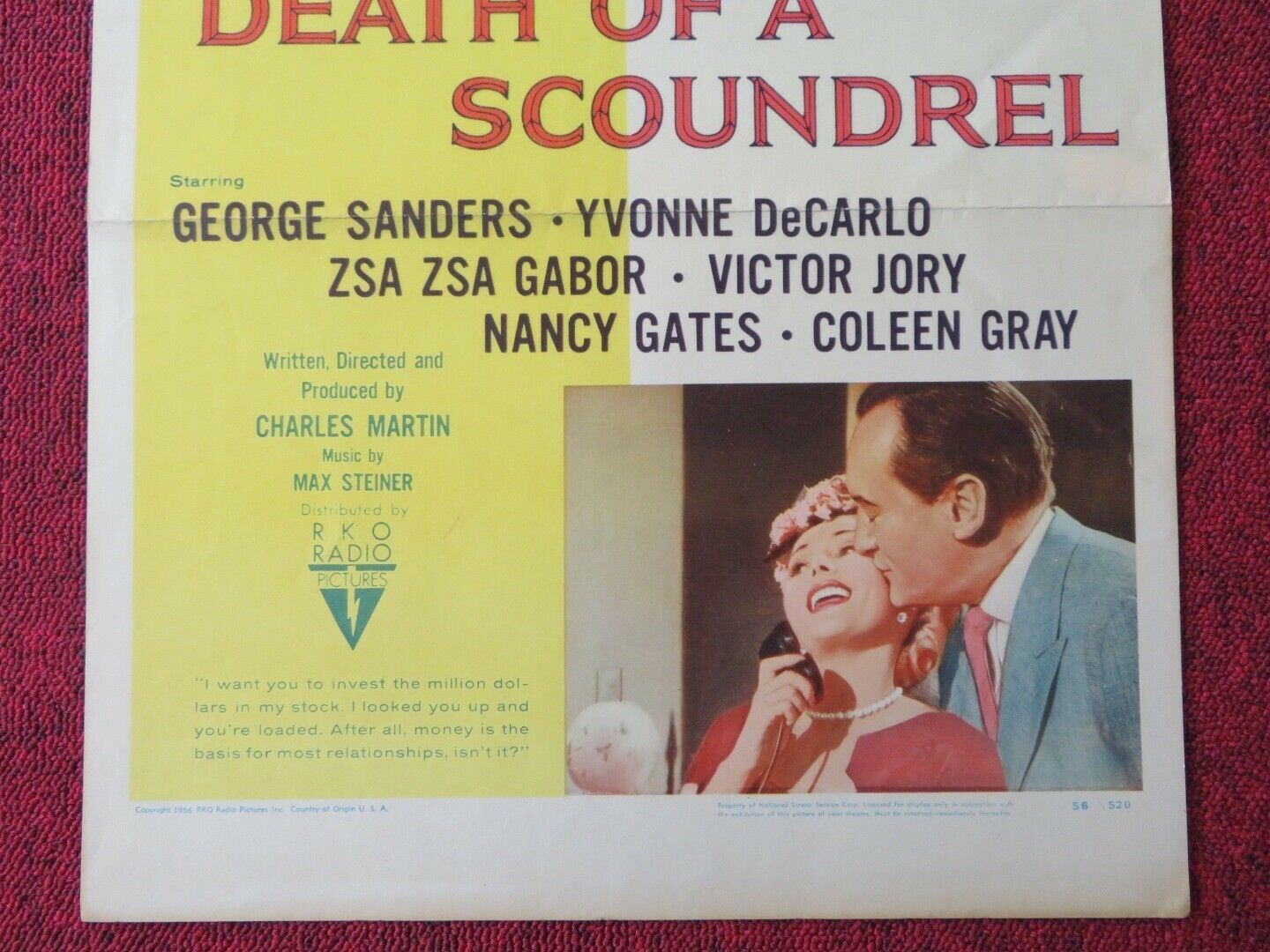 DEATH OF A SCOUNDREL US INSERT (14"x 36") POSTER GEORGE SANDERS YVONNE 1956 Movie posters