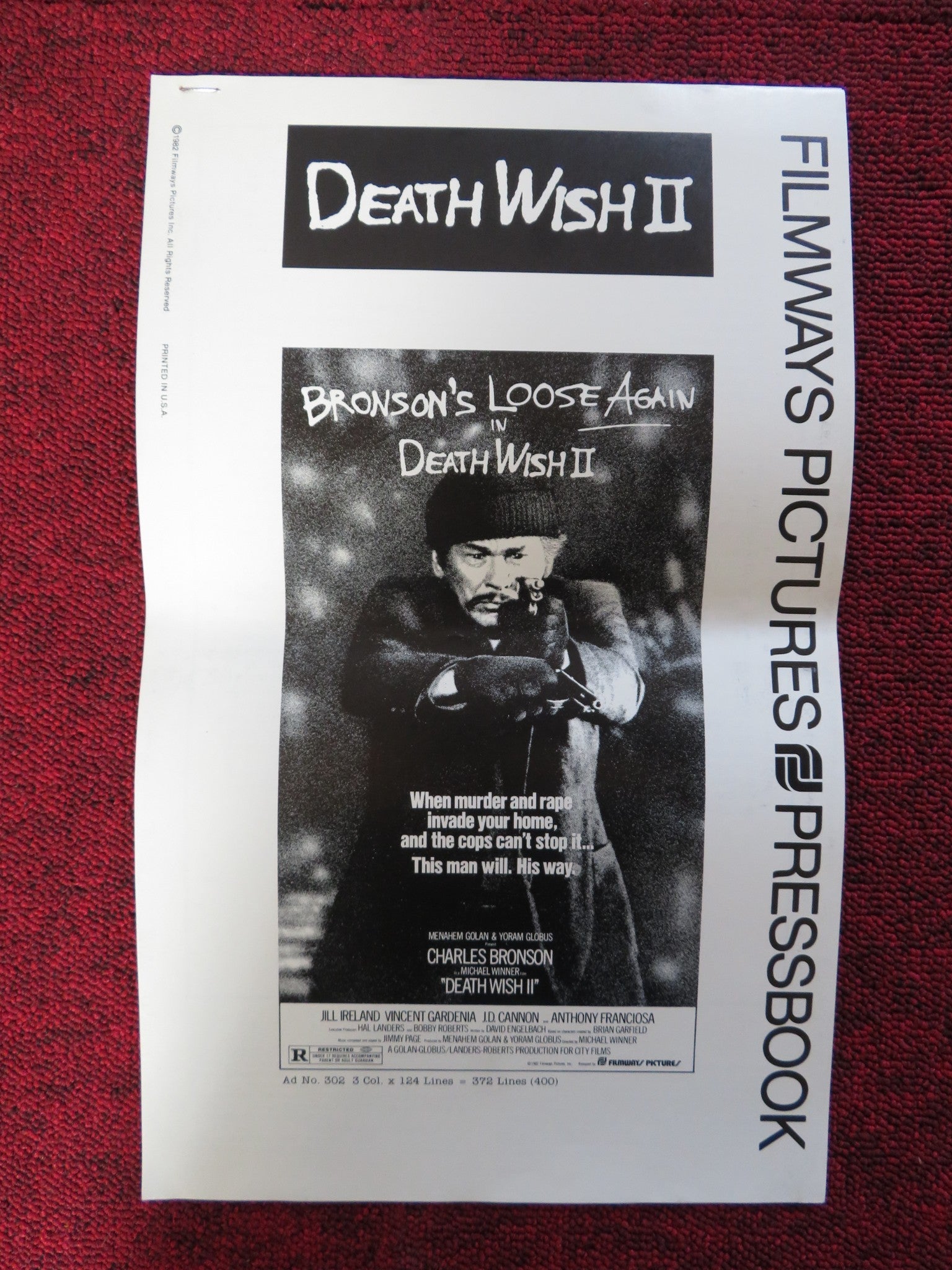 DEATH WISH II - FOLDED PRESSBOOK UNCUT FILMWAYS PICTURES CHARLES BRONSON 1982 Rendezvous Cinema Movie posters