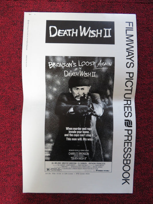 DEATH WISH II - FOLDED PRESSBOOK UNCUT FILMWAYS PICTURES CHARLES BRONSON 1982 Rendezvous Cinema Movie posters