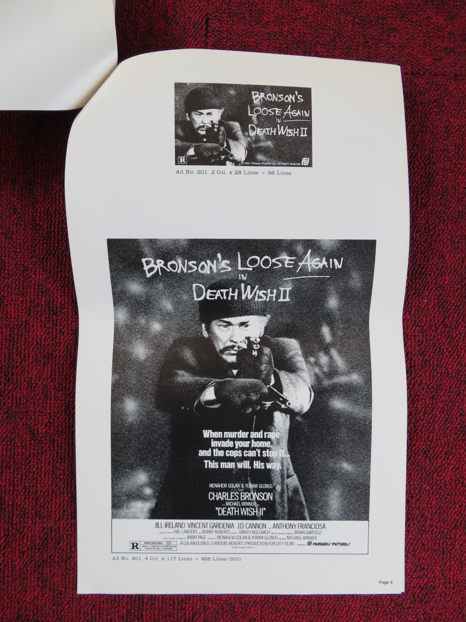DEATH WISH II - FOLDED PRESSBOOK UNCUT FILMWAYS PICTURES CHARLES BRONSON 1982 Rendezvous Cinema Movie posters