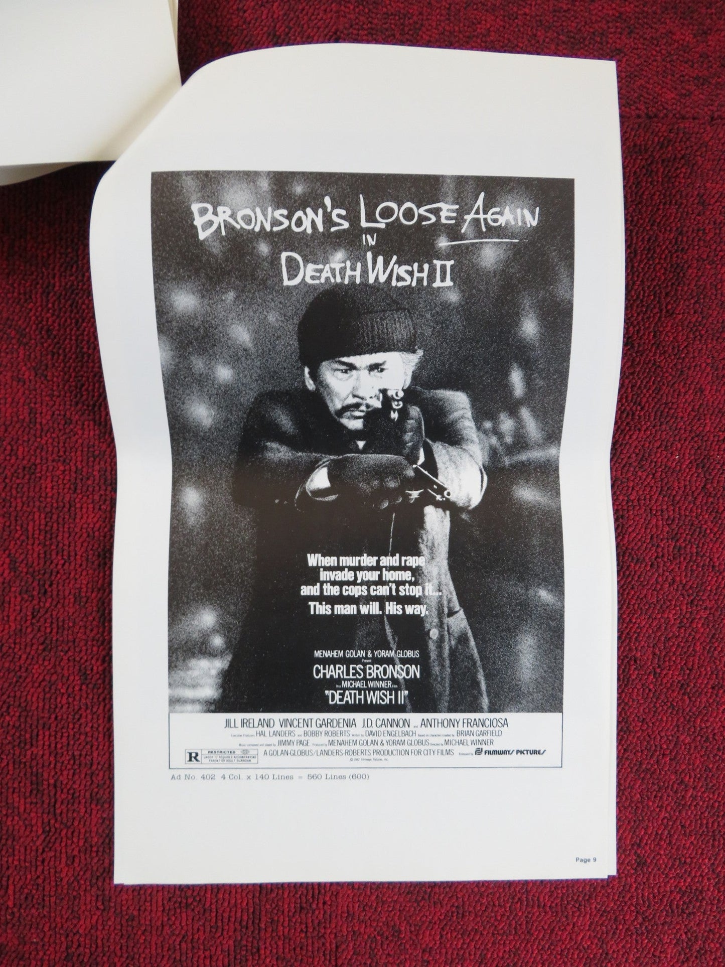 DEATH WISH II - FOLDED PRESSBOOK UNCUT FILMWAYS PICTURES CHARLES BRONSON 1982 Rendezvous Cinema Movie posters