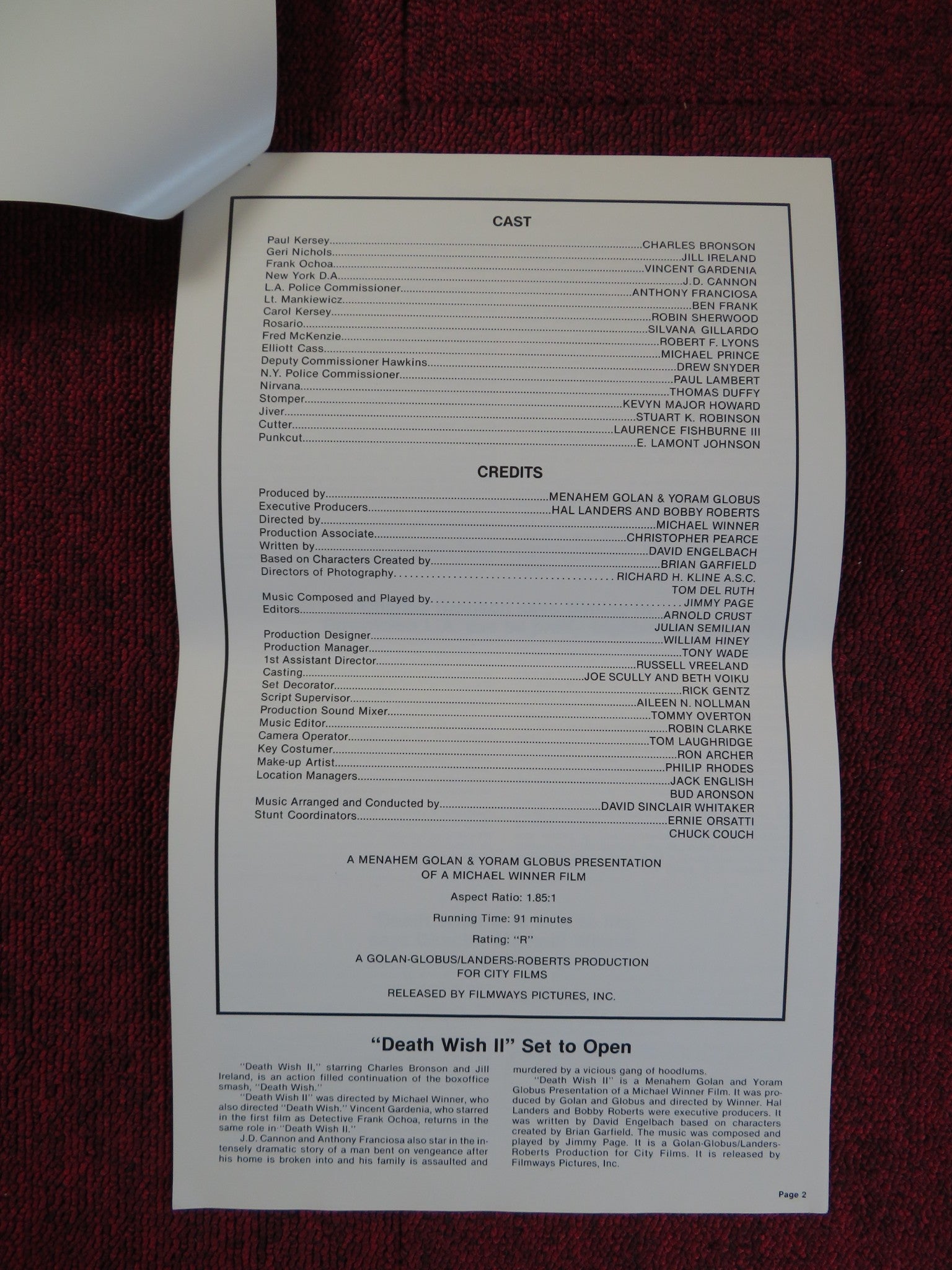 DEATH WISH II - FOLDED PRESSBOOK UNCUT FILMWAYS PICTURES CHARLES BRONSON 1982 Rendezvous Cinema Movie posters