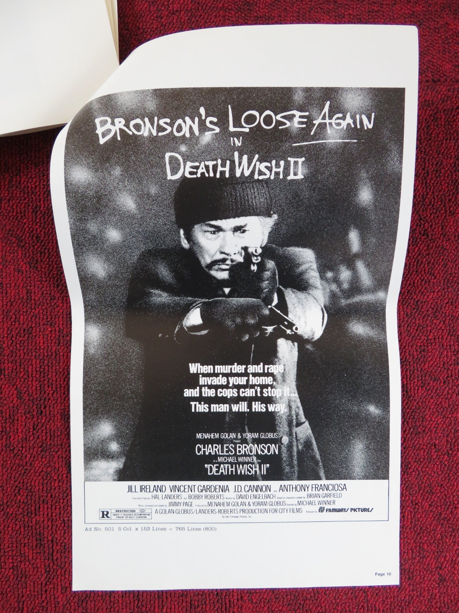 DEATH WISH II - FOLDED PRESSBOOK UNCUT FILMWAYS PICTURES CHARLES BRONSON 1982 Rendezvous Cinema Movie posters