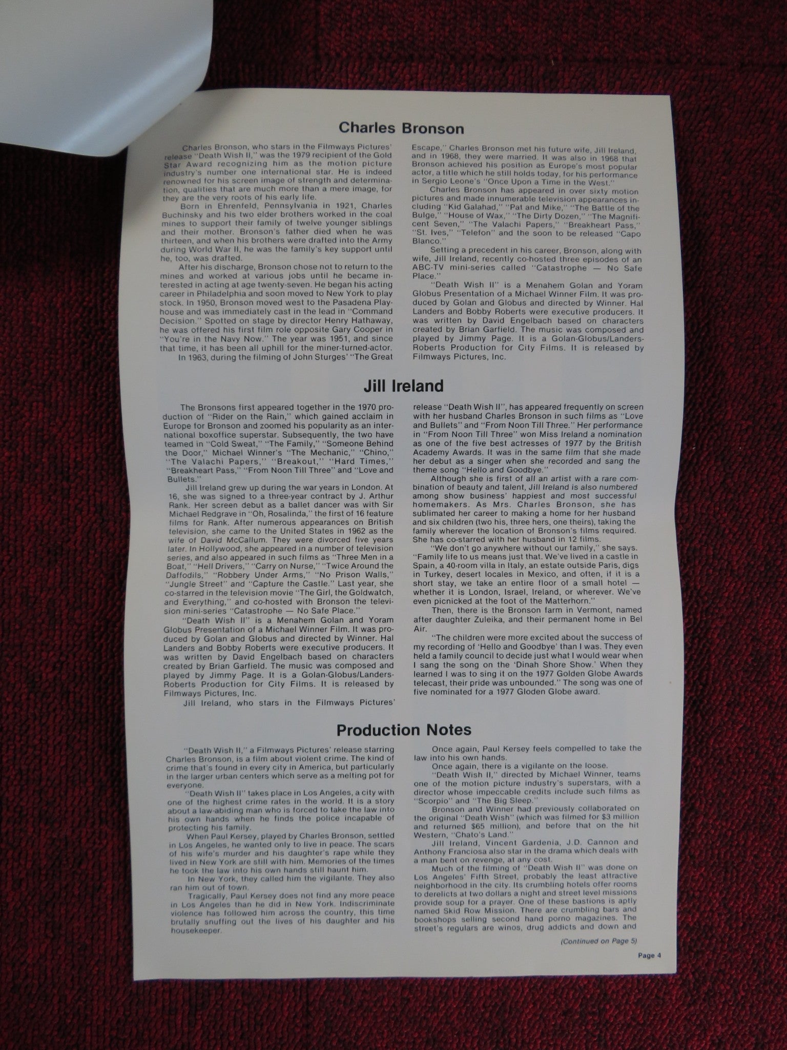 DEATH WISH II - FOLDED PRESSBOOK UNCUT FILMWAYS PICTURES CHARLES BRONSON 1982 Rendezvous Cinema Movie posters