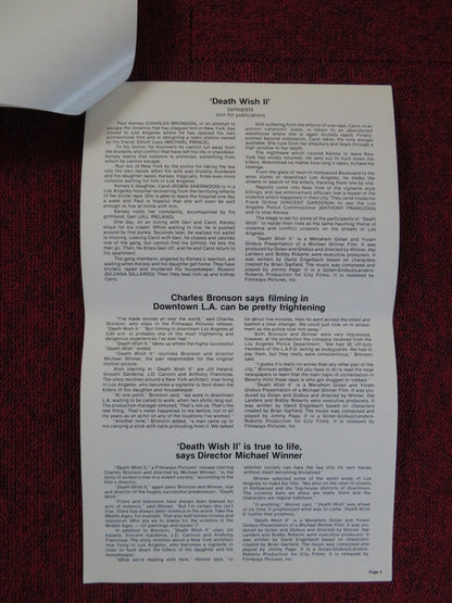 DEATH WISH II - FOLDED PRESSBOOK UNCUT FILMWAYS PICTURES CHARLES BRONSON 1982 Rendezvous Cinema Movie posters