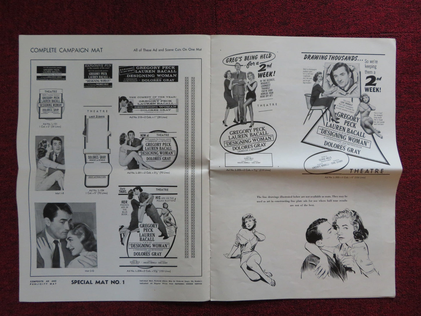 DESIGNING WOMAN CUT M.G.M FOLDED PRESS BOOK GREGORY PECK LAUREN BACALL 1957 Rendezvous Cinema Movie posters