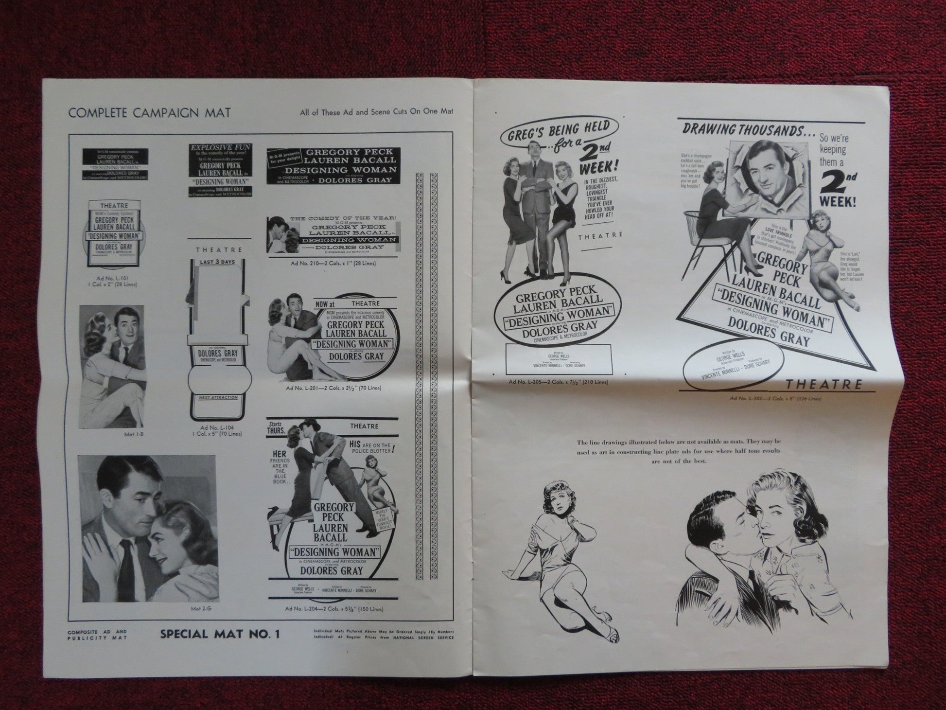 DESIGNING WOMAN CUT M.G.M FOLDED PRESS BOOK GREGORY PECK LAUREN BACALL 1957 Rendezvous Cinema Movie posters