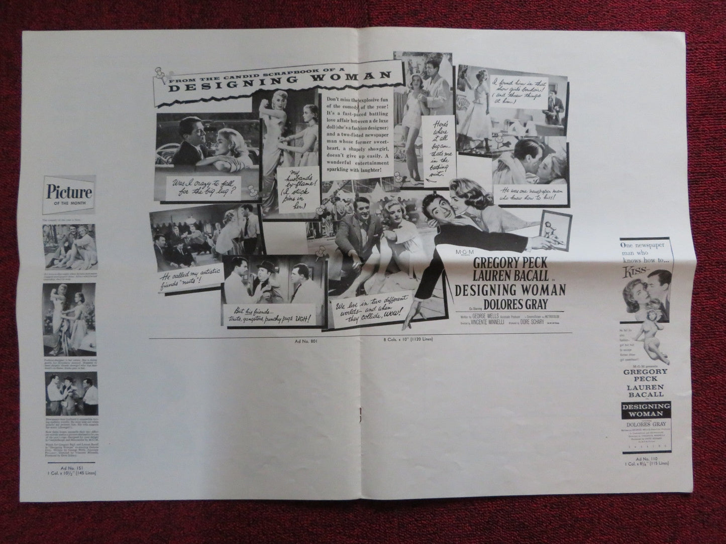 DESIGNING WOMAN CUT M.G.M FOLDED PRESS BOOK GREGORY PECK LAUREN BACALL 1957 Rendezvous Cinema Movie posters