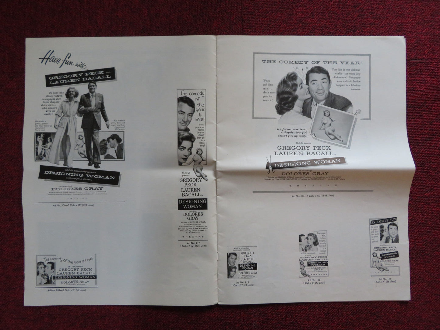 DESIGNING WOMAN CUT M.G.M FOLDED PRESS BOOK GREGORY PECK LAUREN BACALL 1957 Rendezvous Cinema Movie posters