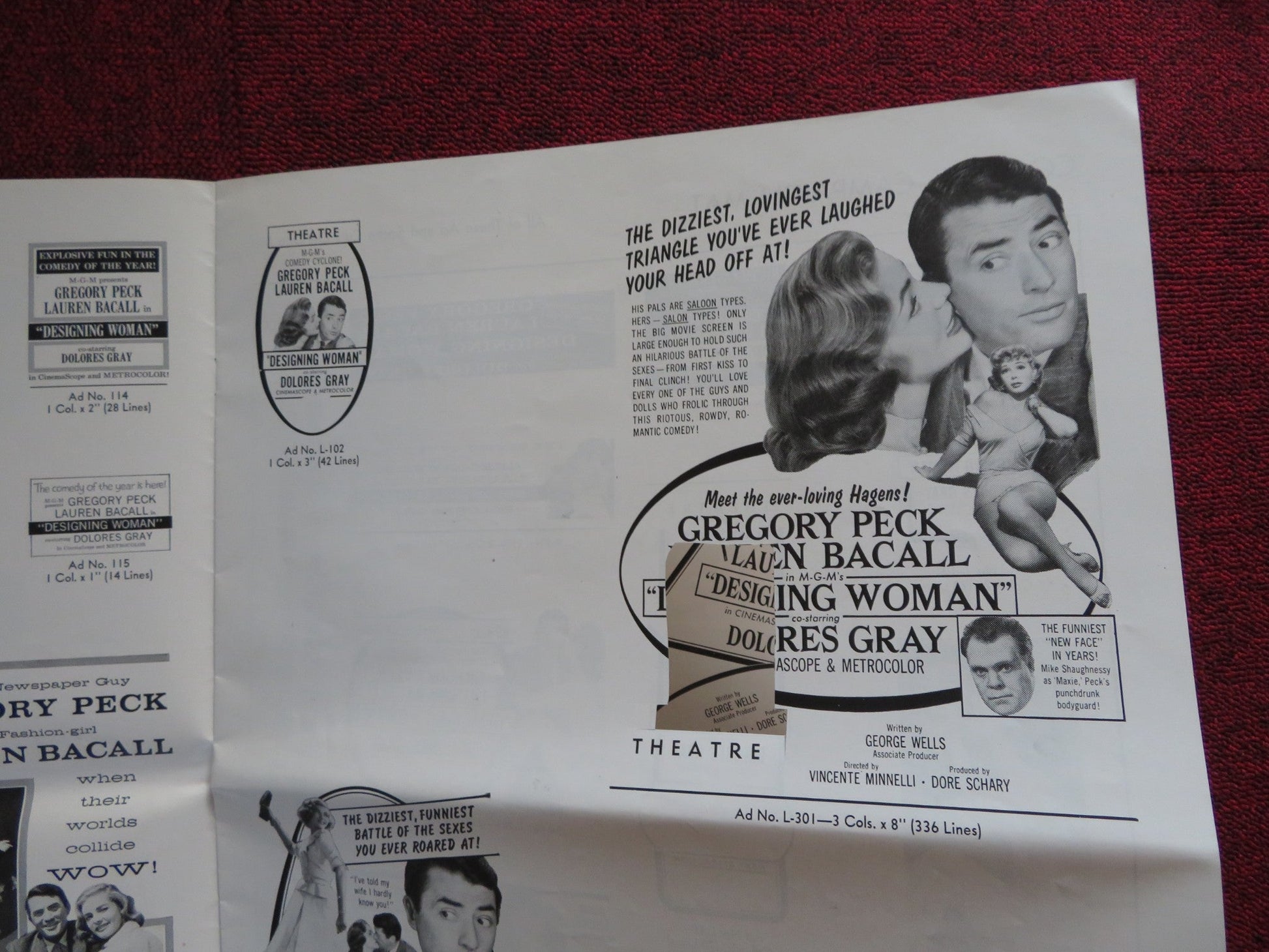 DESIGNING WOMAN CUT M.G.M FOLDED PRESS BOOK GREGORY PECK LAUREN BACALL 1957 Rendezvous Cinema Movie posters
