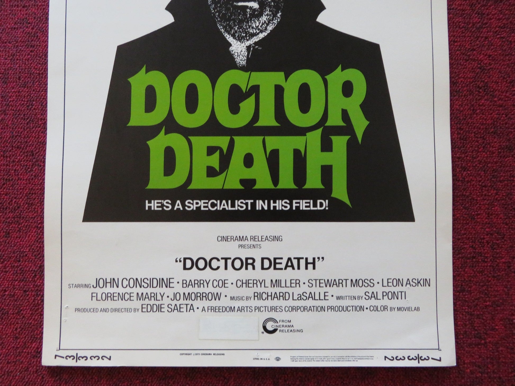 DOCTOR DEATH US INSERT (14"x 36") POSTER JOHN CONSIDINE BARRY COE 1973 Rendezvous Cinema Movie posters