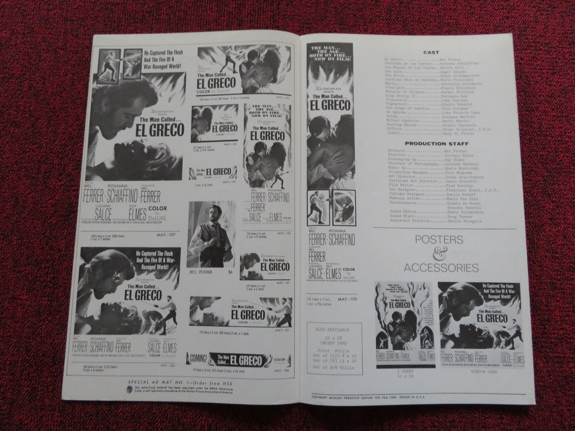 EL GRECO US PRESSBOOK - UNCUT MEL FERRER ROSANNA SCHIAFFINO 1966 Rendezvous Cinema Movie posters