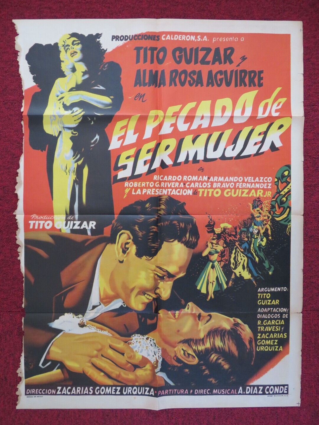 EL PECADO DE SER MUJER MEXICO FOLDED ONE SHEET POSTER 27" x 37" TITO GUIZAR 1955 - Rendezvous Cinema