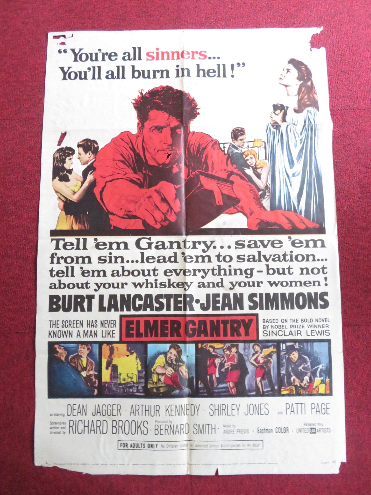 ELMER GANTRY FOLDED US ONE SHEET POSTER BURT LANCASTER JEAN SIMMONS 1960 Rendezvous Cinema Movie posters