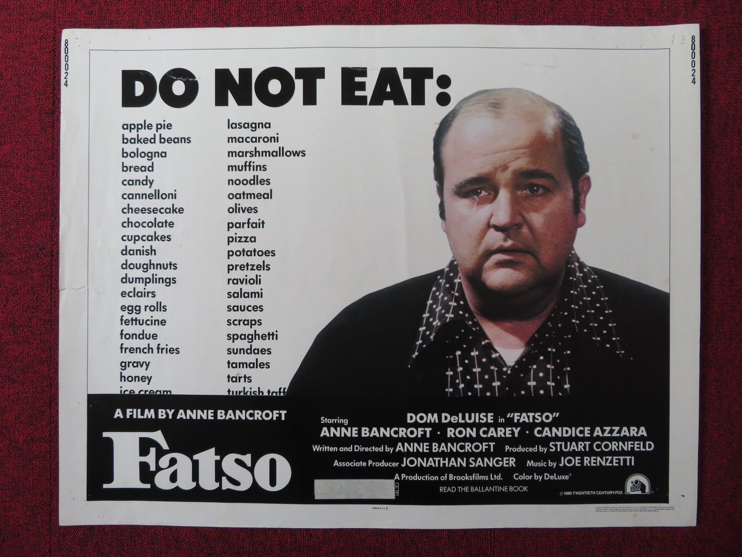 FATSO US HALF SHEET (22"x 28") POSTER DOM DELUISE ANNE BANCROFT 1980 Rendezvous Cinema Movie posters