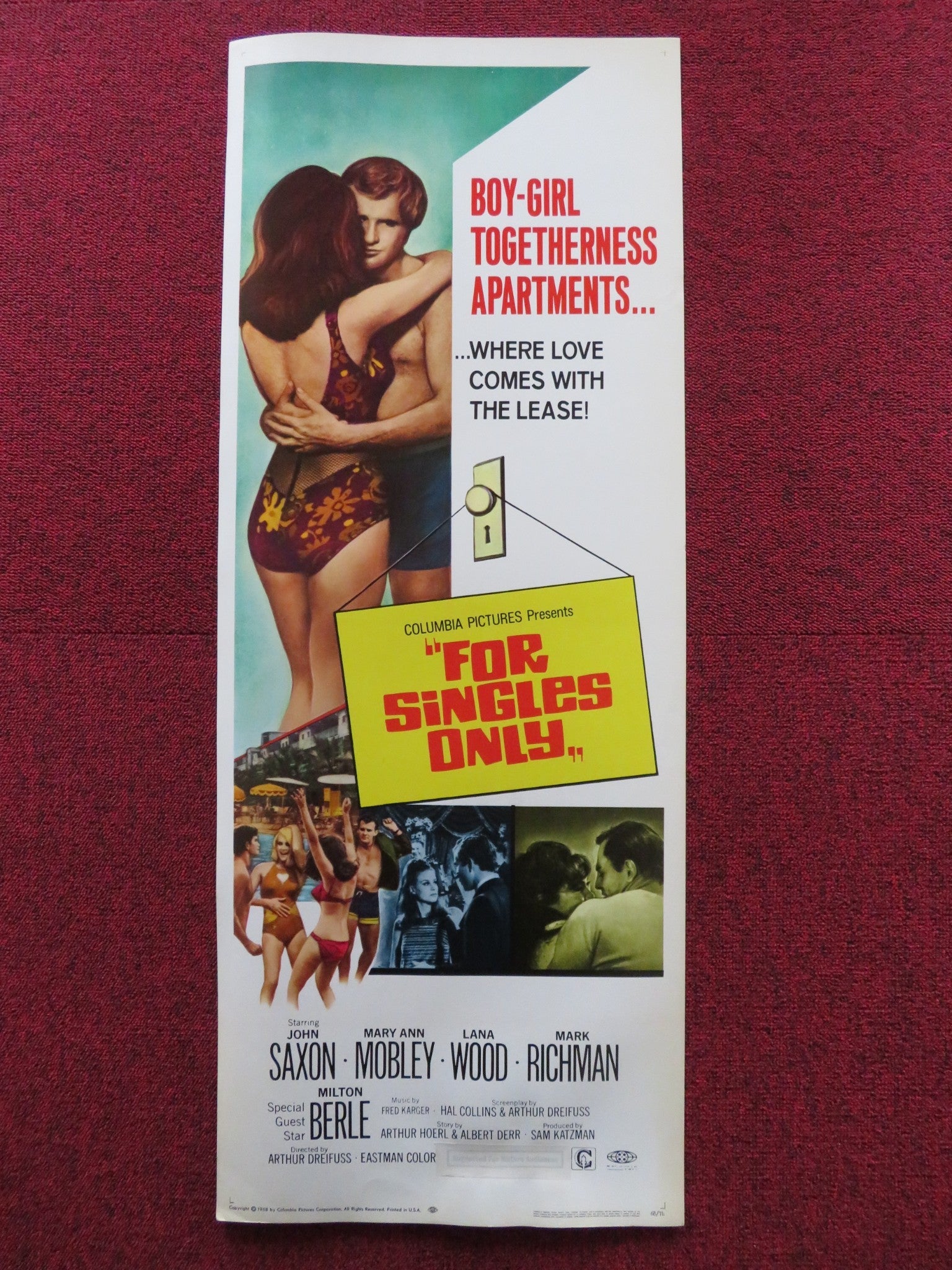 FOR SINGLES ONLY US INSERT (14"x 36") POSTER JOHN SAXON MARY ANN MOBLEY 1968 Rendezvous Cinema Movie posters