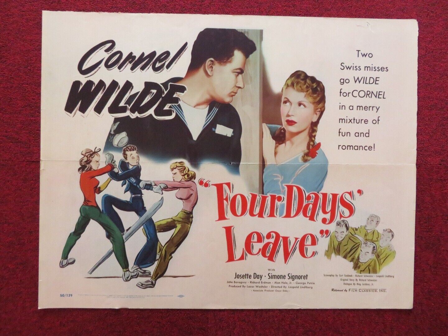 FOUR DAYS LEAVE US HALF SHEET (22"x 28") POSTER CORNEL WILDE JOSETTWE DAY 1950 Movie posters