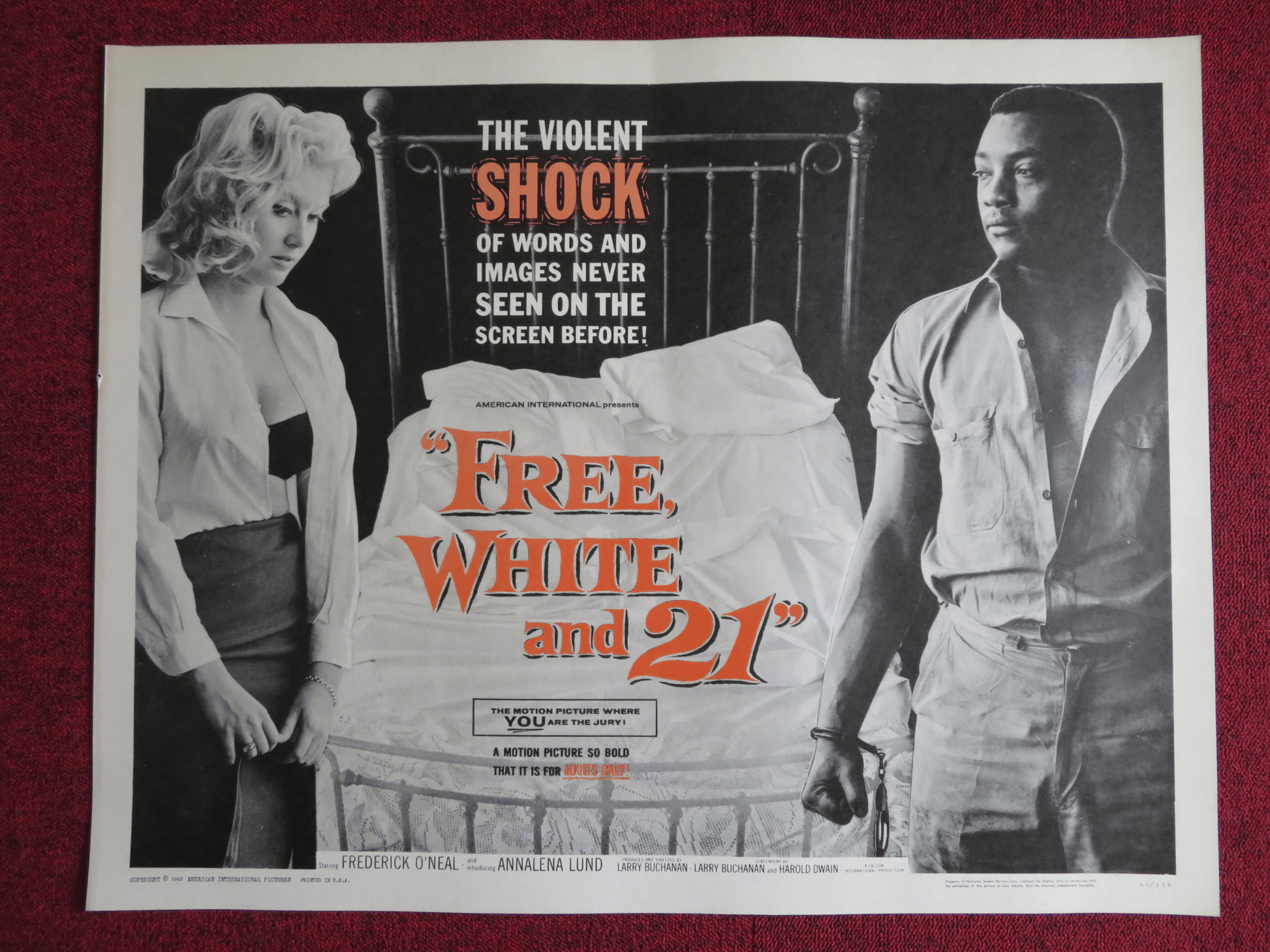 FREE, WHITE AND 21 US HALF SHEET (22"x 28") POSTER FREDERICK O'NEAL 1963 Rendezvous Cinema Movie posters