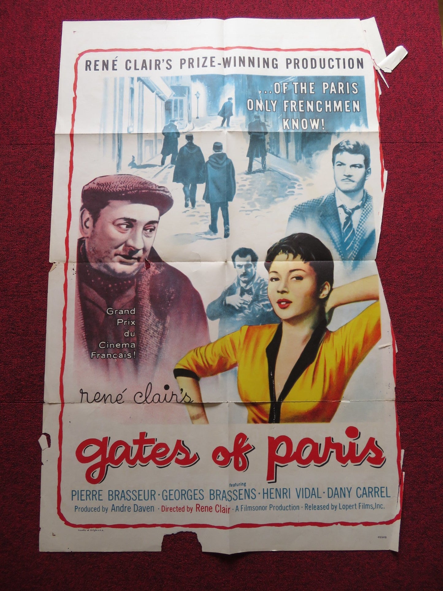 GATES OF PARIS FOLDED US ONE SHEET POSTER RENE CLAIR DANY CARREL 1957 Rendezvous Cinema Movie posters