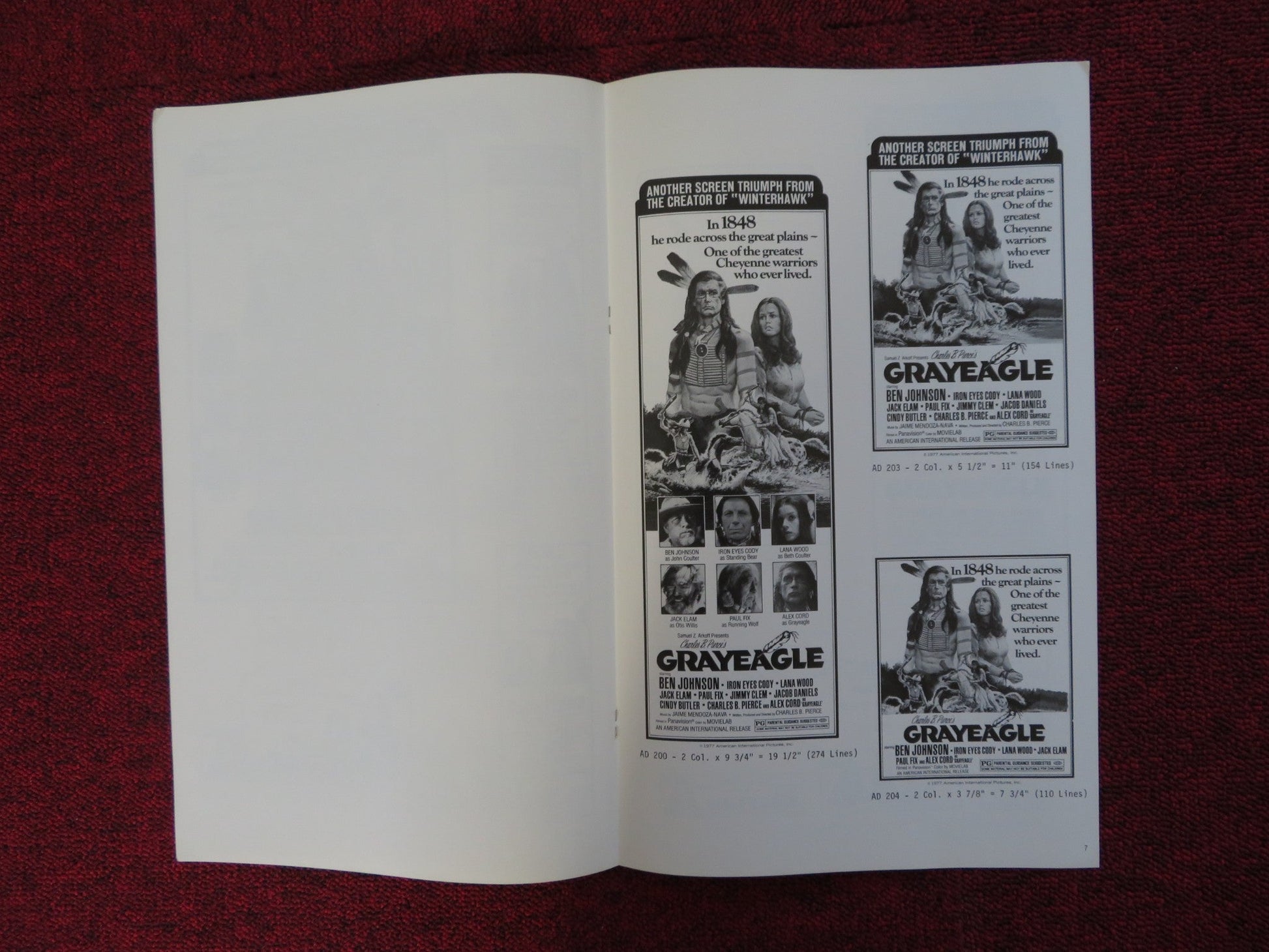 GRAYEAGLE UNCUT AMERICAN INTERNATIONAL PRESS BOOK BEN JOHNSON LANA WOOD 1977 Rendezvous Cinema Movie posters