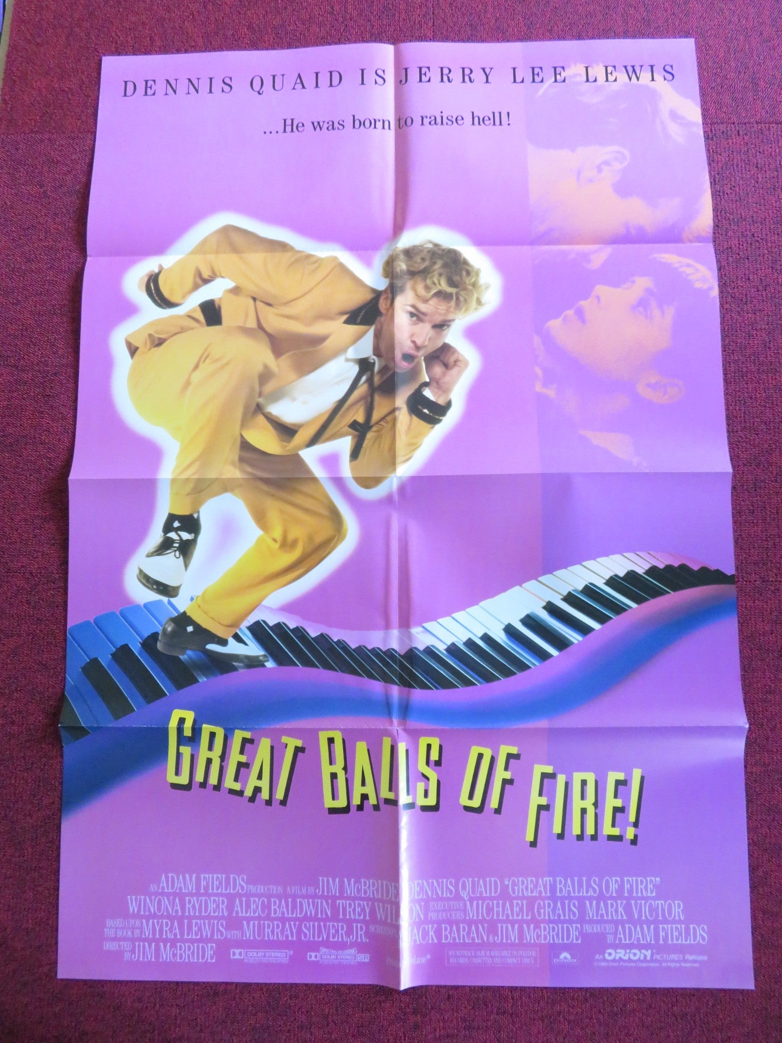 GREAT BALLS OF FIRE! FOLDED US ONE SHEET POSTER DENNIS QUAID WINONA RYDER 1989 Rendezvous Cinema Movie posters