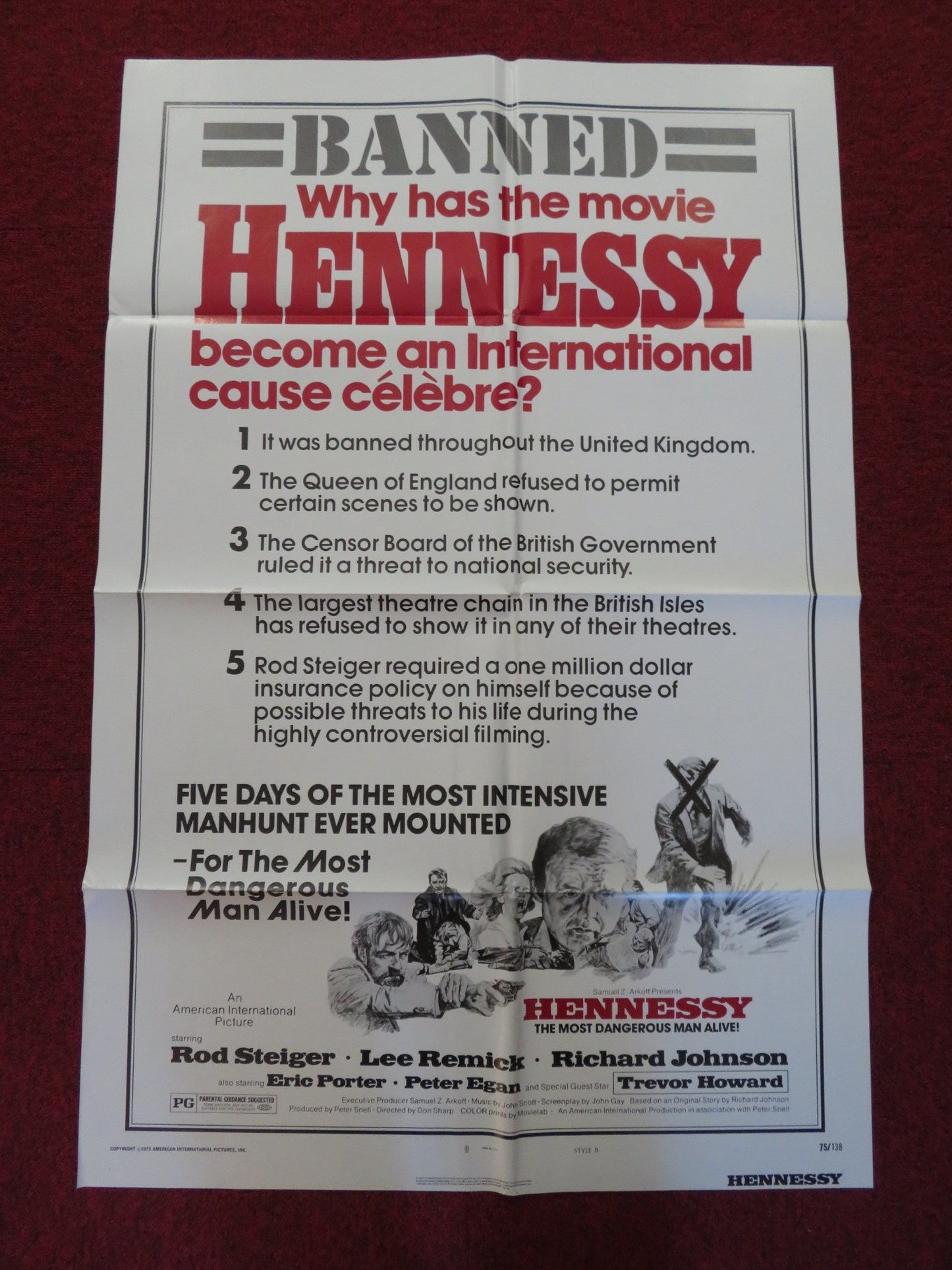 HENNESSY - STYLE B FOLDED US ONE SHEET POSTER ROD STEIGER LEE REMICK 1975 Rendezvous Cinema Movie posters
