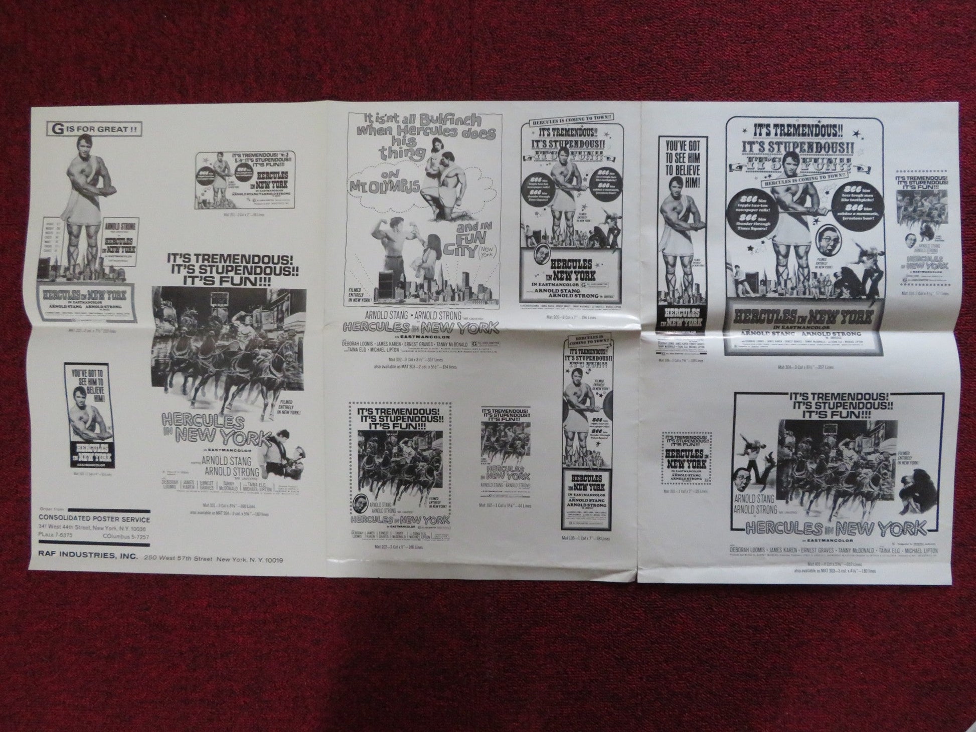 HERCULES IN NEW YORK - PRESSBOOK UNCUT RAF INDUSTRIES INC. SCHWARZENEGGER 1970 Rendezvous Cinema Movie posters
