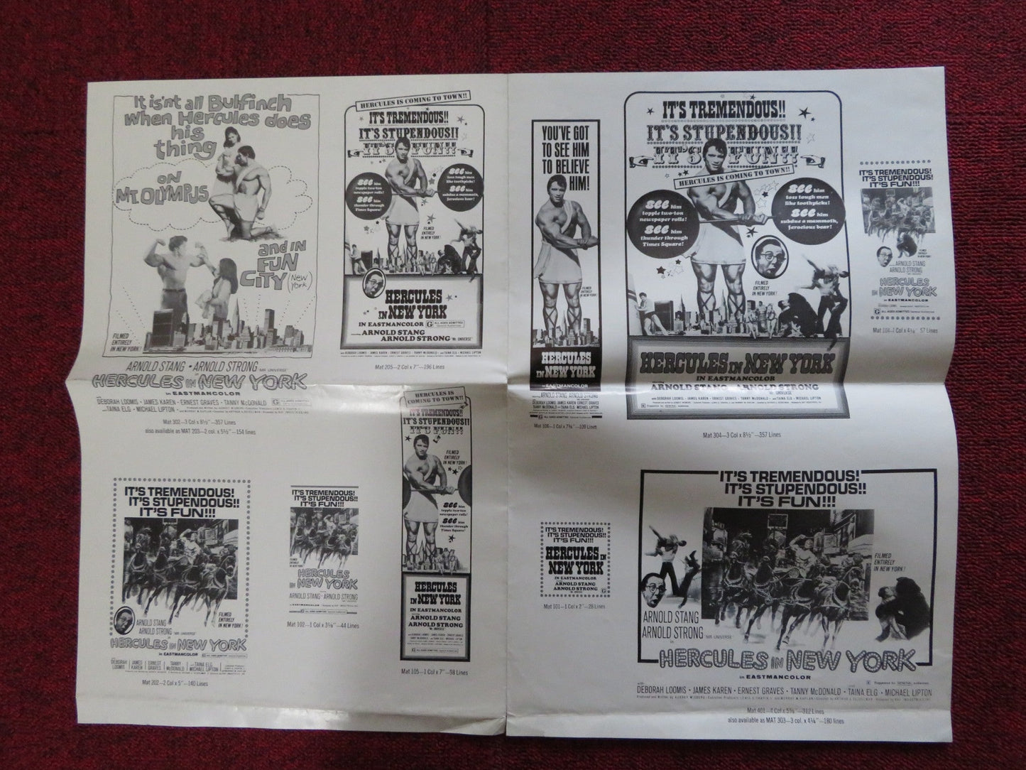 HERCULES IN NEW YORK - PRESSBOOK UNCUT RAF INDUSTRIES INC. SCHWARZENEGGER 1970 Rendezvous Cinema Movie posters