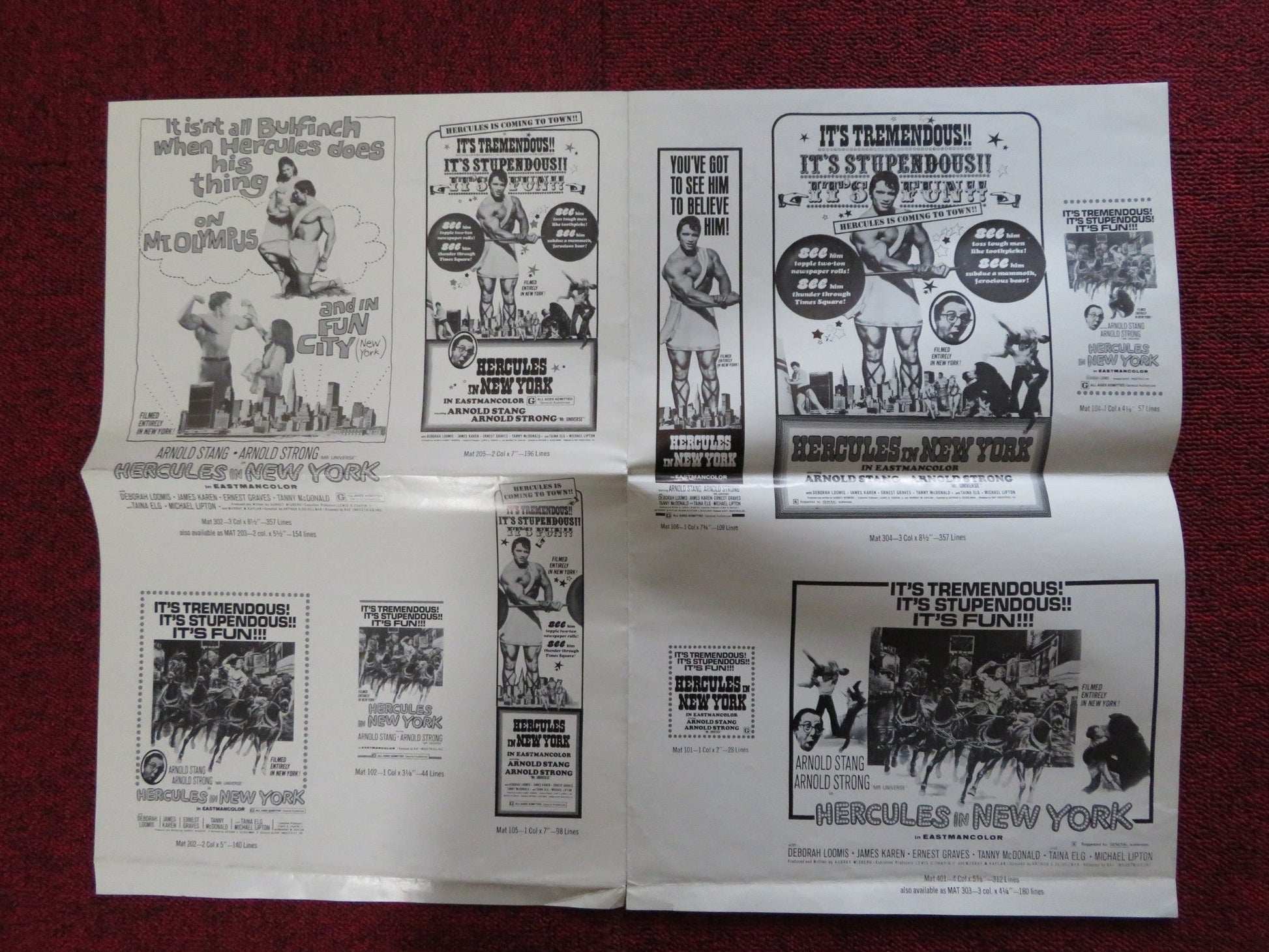 HERCULES IN NEW YORK - PRESSBOOK UNCUT RAF INDUSTRIES INC. SCHWARZENEGGER 1970 Rendezvous Cinema Movie posters