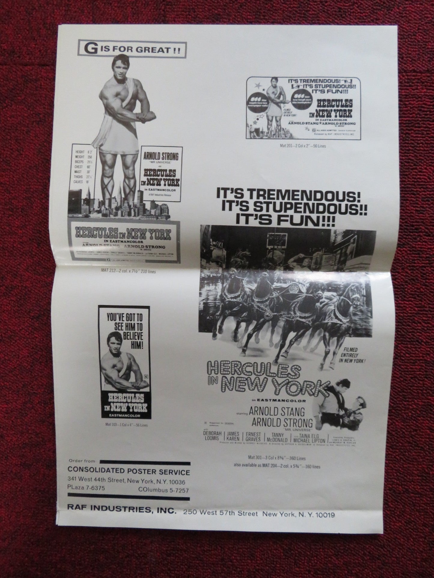 HERCULES IN NEW YORK - PRESSBOOK UNCUT RAF INDUSTRIES INC. SCHWARZENEGGER 1970 Rendezvous Cinema Movie posters