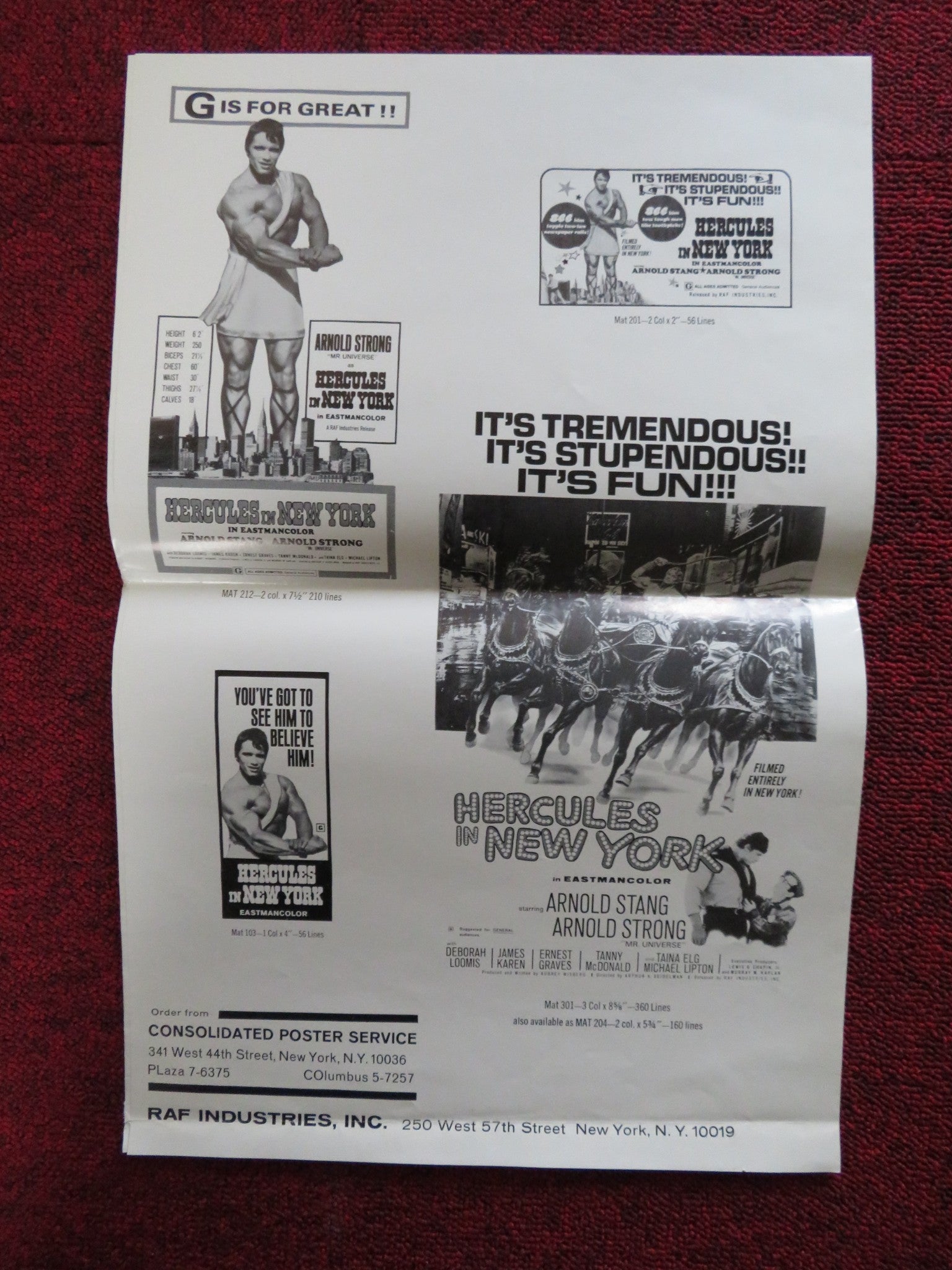 HERCULES IN NEW YORK - PRESSBOOK UNCUT RAF INDUSTRIES INC. SCHWARZENEGGER 1970 Rendezvous Cinema Movie posters