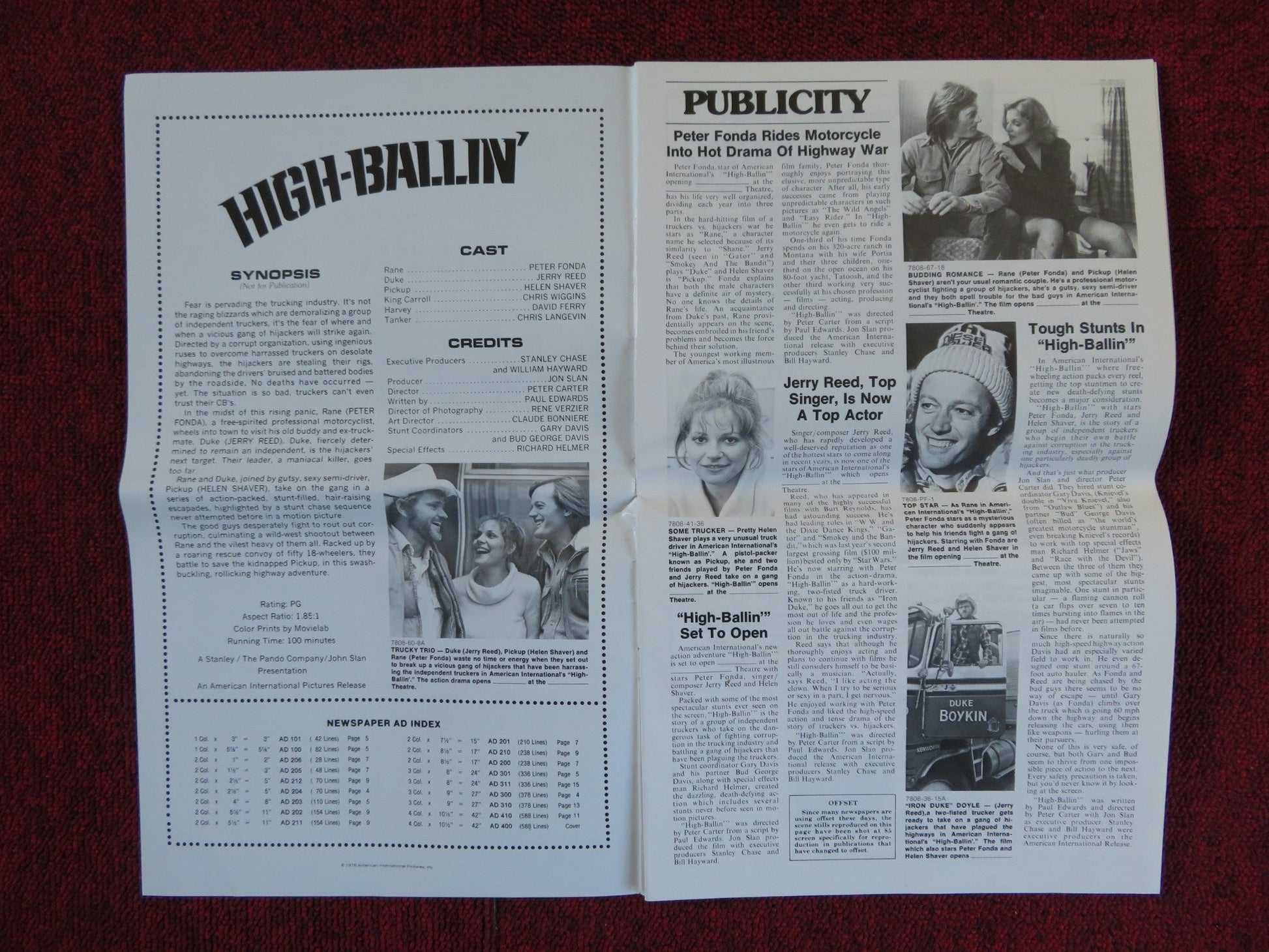 HIGH - BALLIN' FOLDED PRESSBOOK UNCUT AMERICAN INTERNATIONAL PETER FONDA 1978 Rendezvous Cinema Movie posters