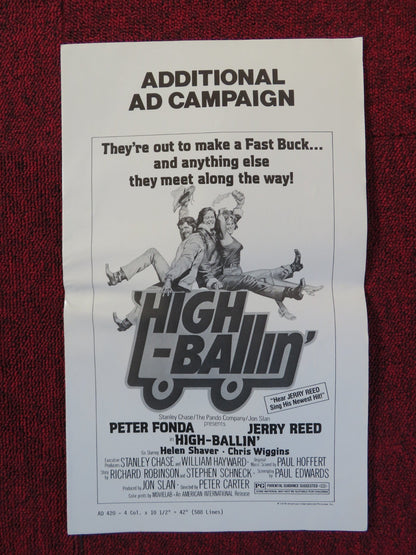 HIGH - BALLIN' FOLDED PRESSBOOK UNCUT AMERICAN INTERNATIONAL PETER FONDA 1978 Rendezvous Cinema Movie posters