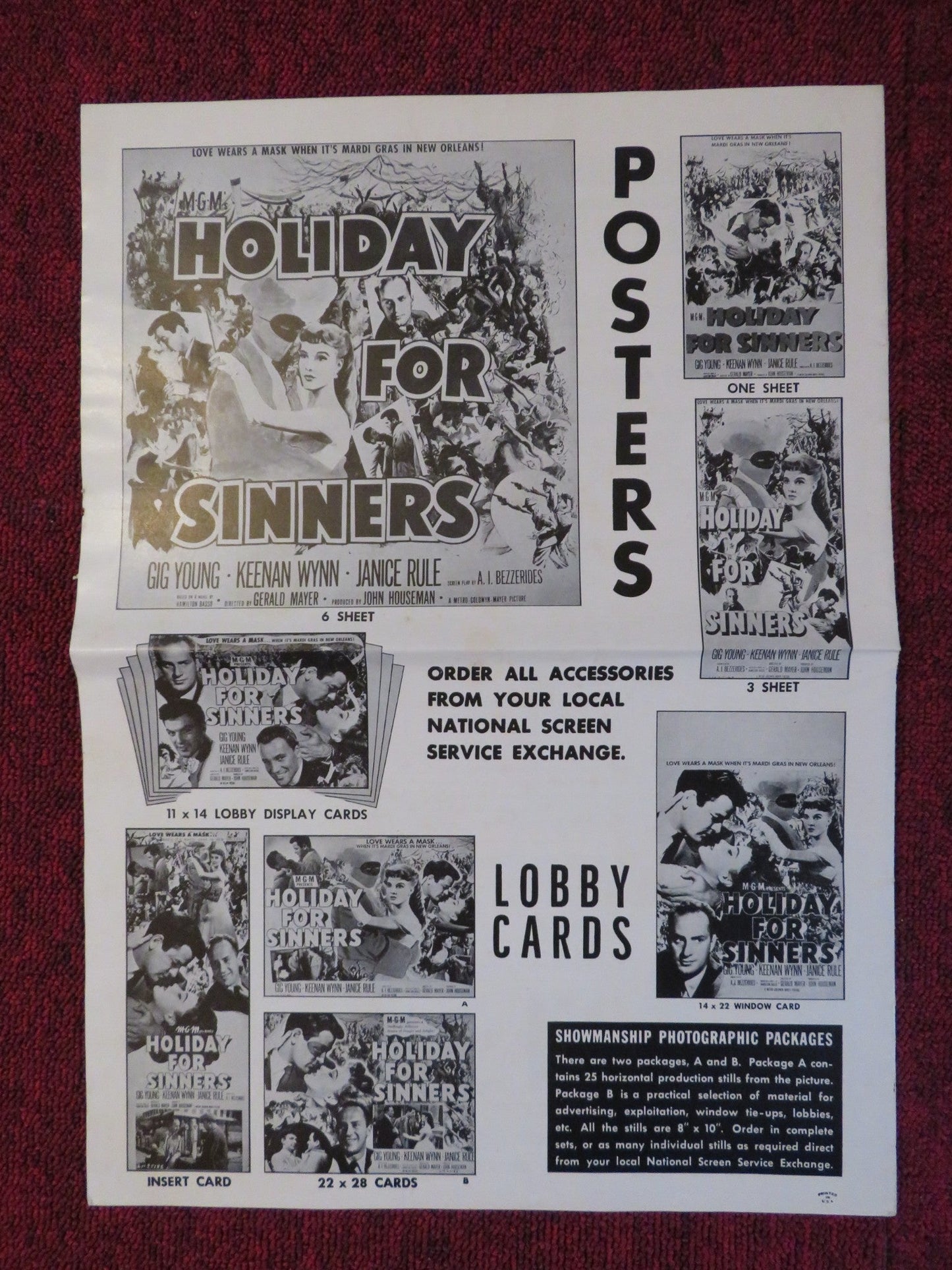 HOLIDAY FOR SINNERS UNCUT MGM FOLDED PRESS BOOK GIG YOUNG KEENAN WYNN 1952 Rendezvous Cinema Movie posters