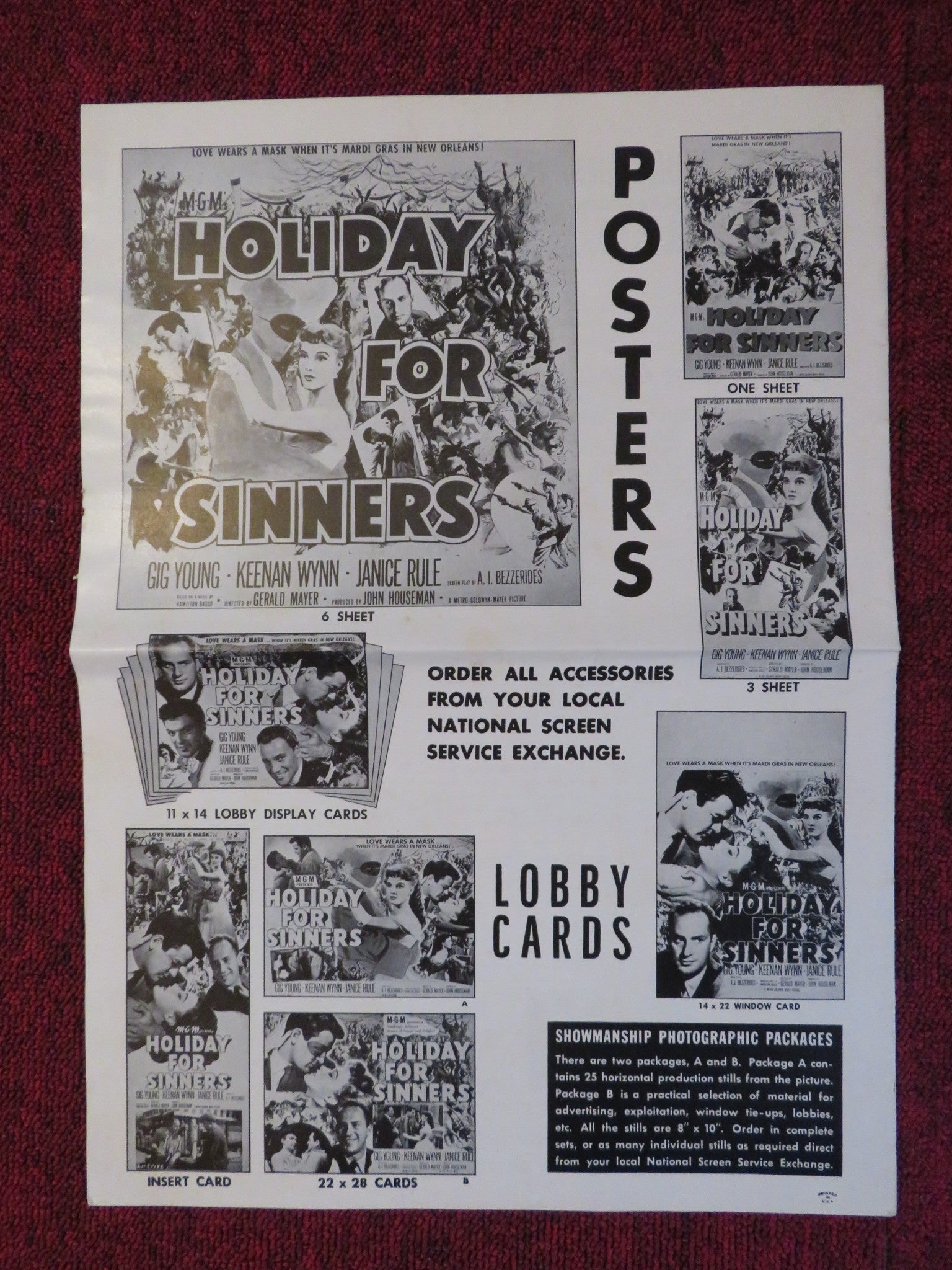 HOLIDAY FOR SINNERS UNCUT MGM FOLDED PRESS BOOK GIG YOUNG KEENAN WYNN 1952 Rendezvous Cinema Movie posters