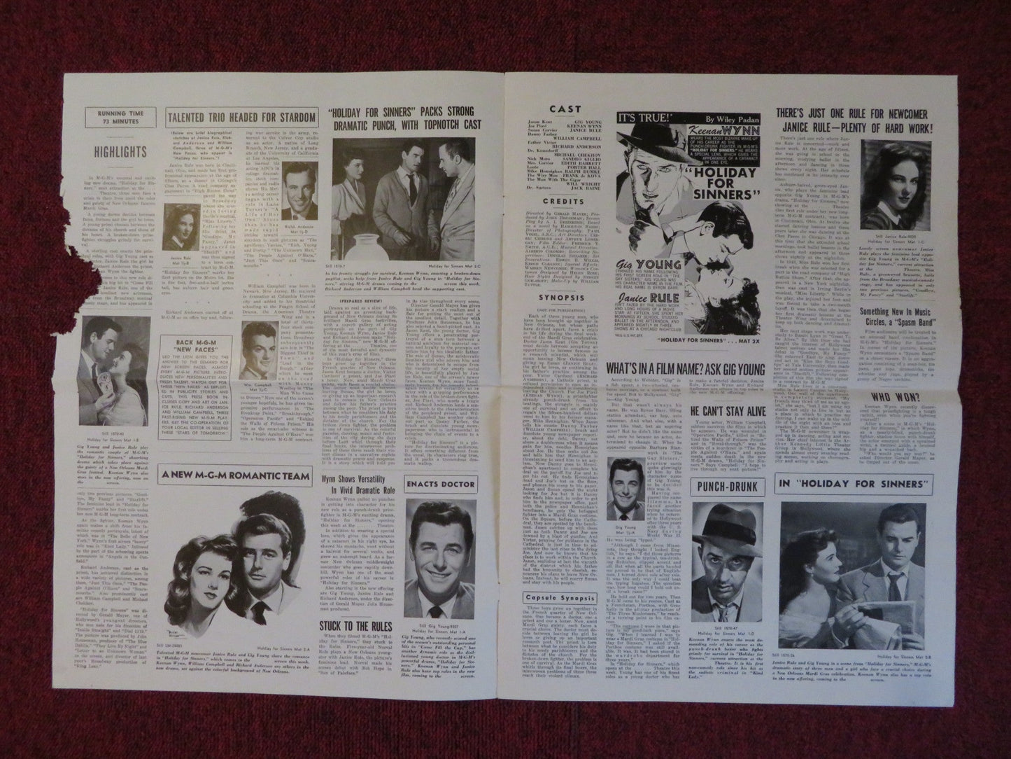 HOLIDAY FOR SINNERS UNCUT MGM FOLDED PRESS BOOK GIG YOUNG KEENAN WYNN 1952 Rendezvous Cinema Movie posters