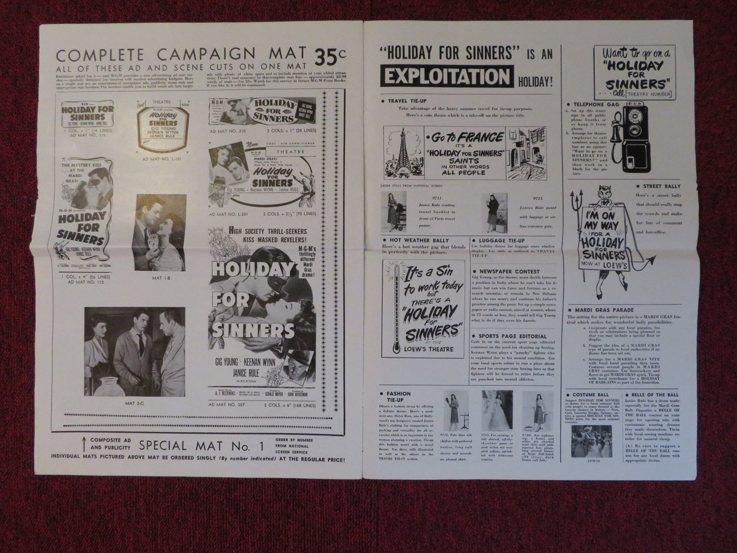 HOLIDAY FOR SINNERS UNCUT MGM FOLDED PRESS BOOK GIG YOUNG KEENAN WYNN 1952 Rendezvous Cinema Movie posters