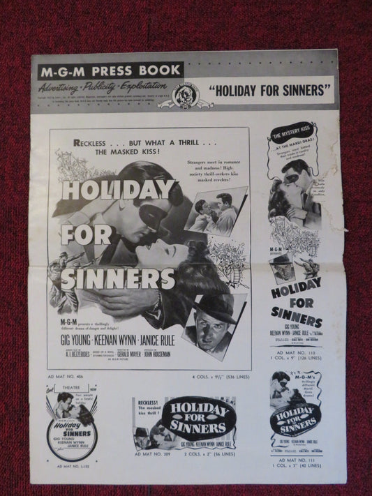 HOLIDAY FOR SINNERS UNCUT MGM FOLDED PRESS BOOK GIG YOUNG KEENAN WYNN 1952 Rendezvous Cinema Movie posters