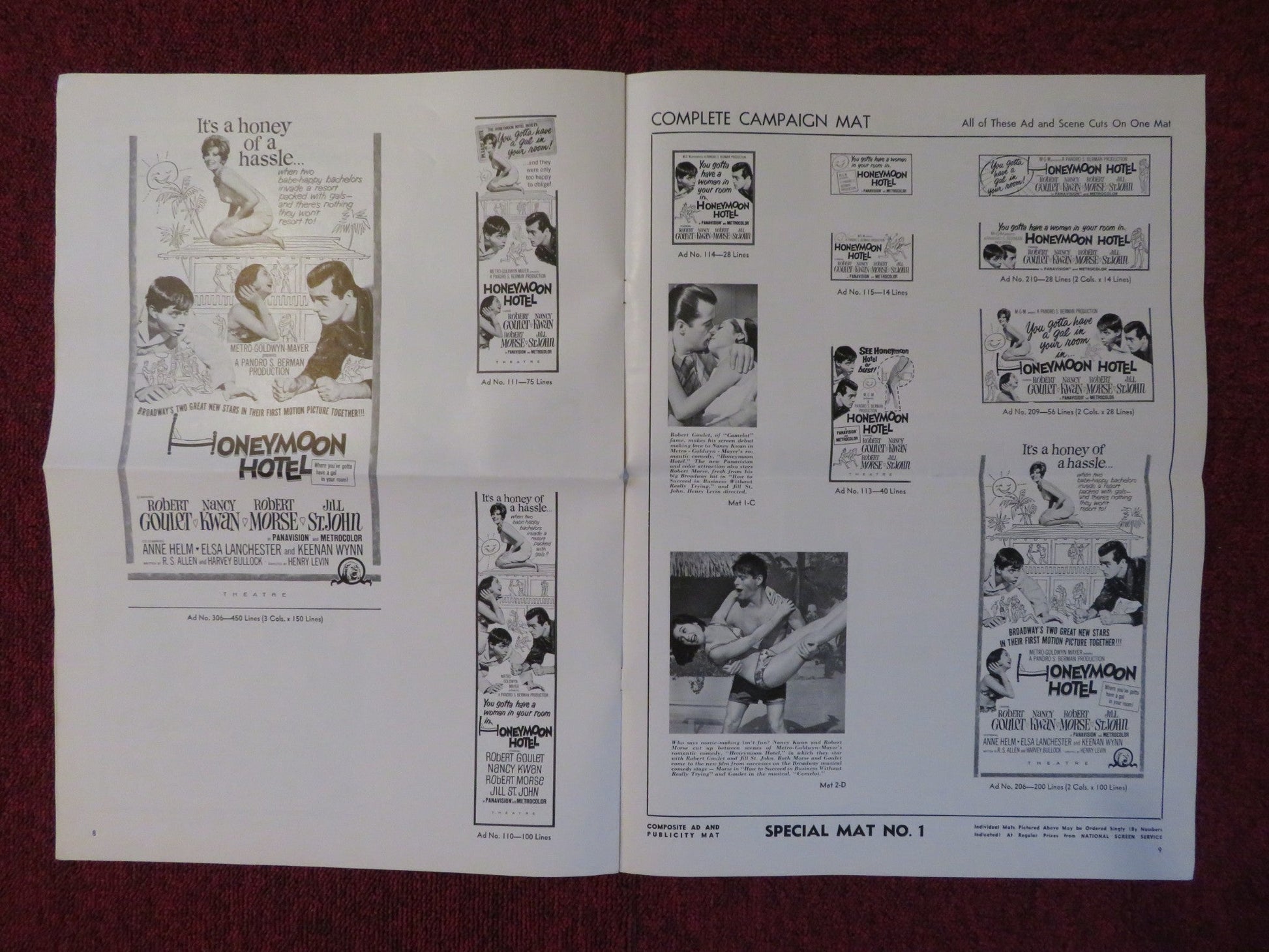 HONEYMOON HOTEL UNCUT MGM FOLDED PRESS BOOK ROBERT GOULET NANCY KWAN 1964 Rendezvous Cinema Movie posters