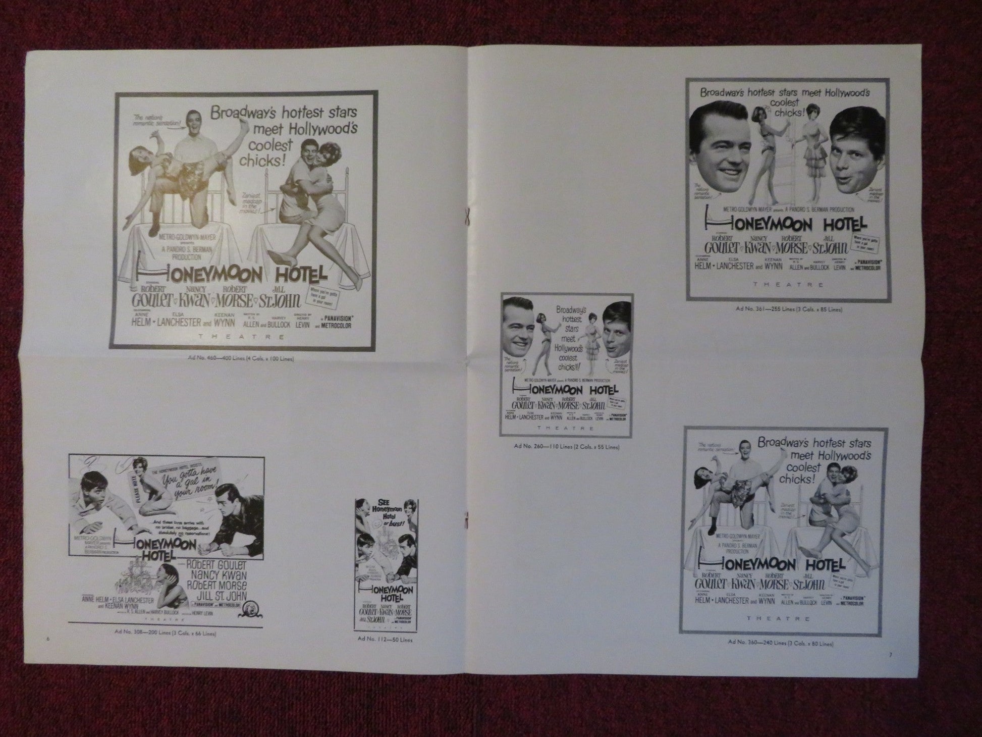 HONEYMOON HOTEL UNCUT MGM FOLDED PRESS BOOK ROBERT GOULET NANCY KWAN 1964 Rendezvous Cinema Movie posters