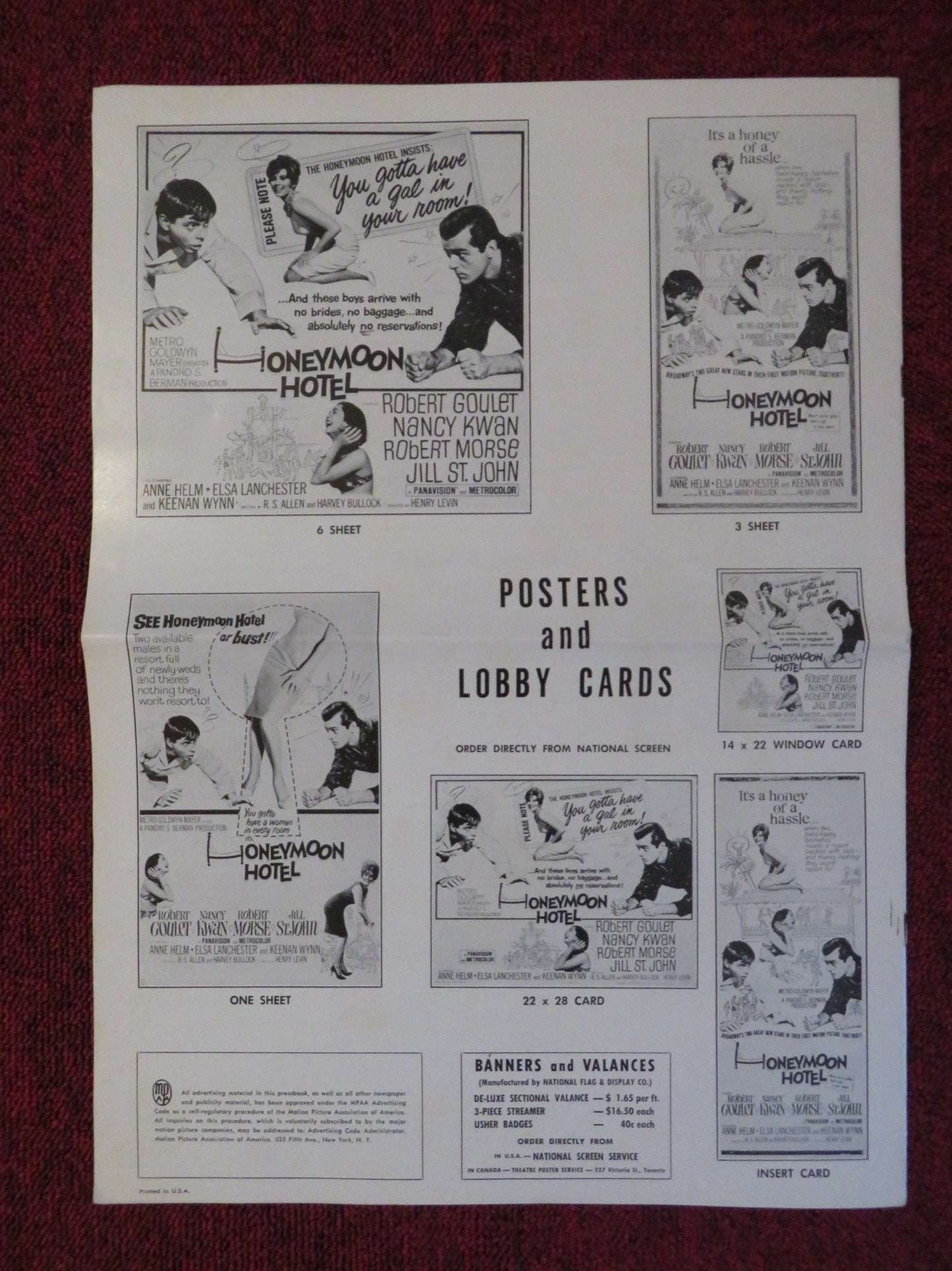 HONEYMOON HOTEL UNCUT MGM FOLDED PRESS BOOK ROBERT GOULET NANCY KWAN 1964 Rendezvous Cinema Movie posters