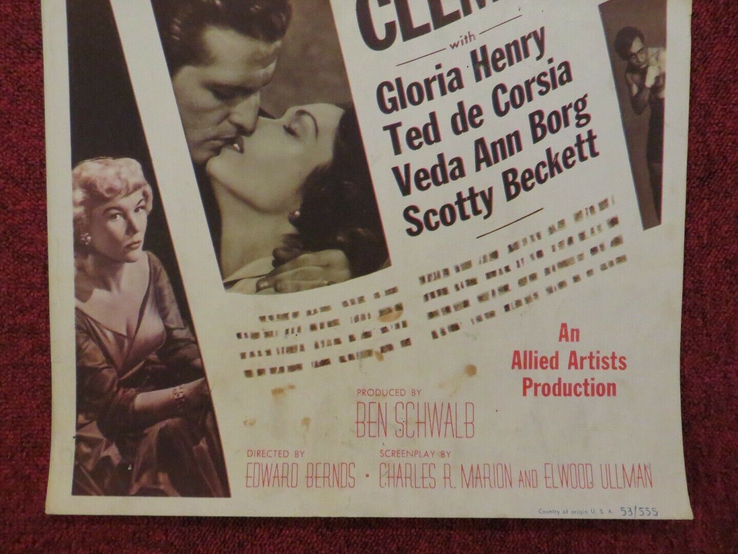 HOT NEWS US INSERT (14"x 36") POSTER STANLEY CLEMENTS GLORIA HENRY 1953 - Rendezvous Cinema