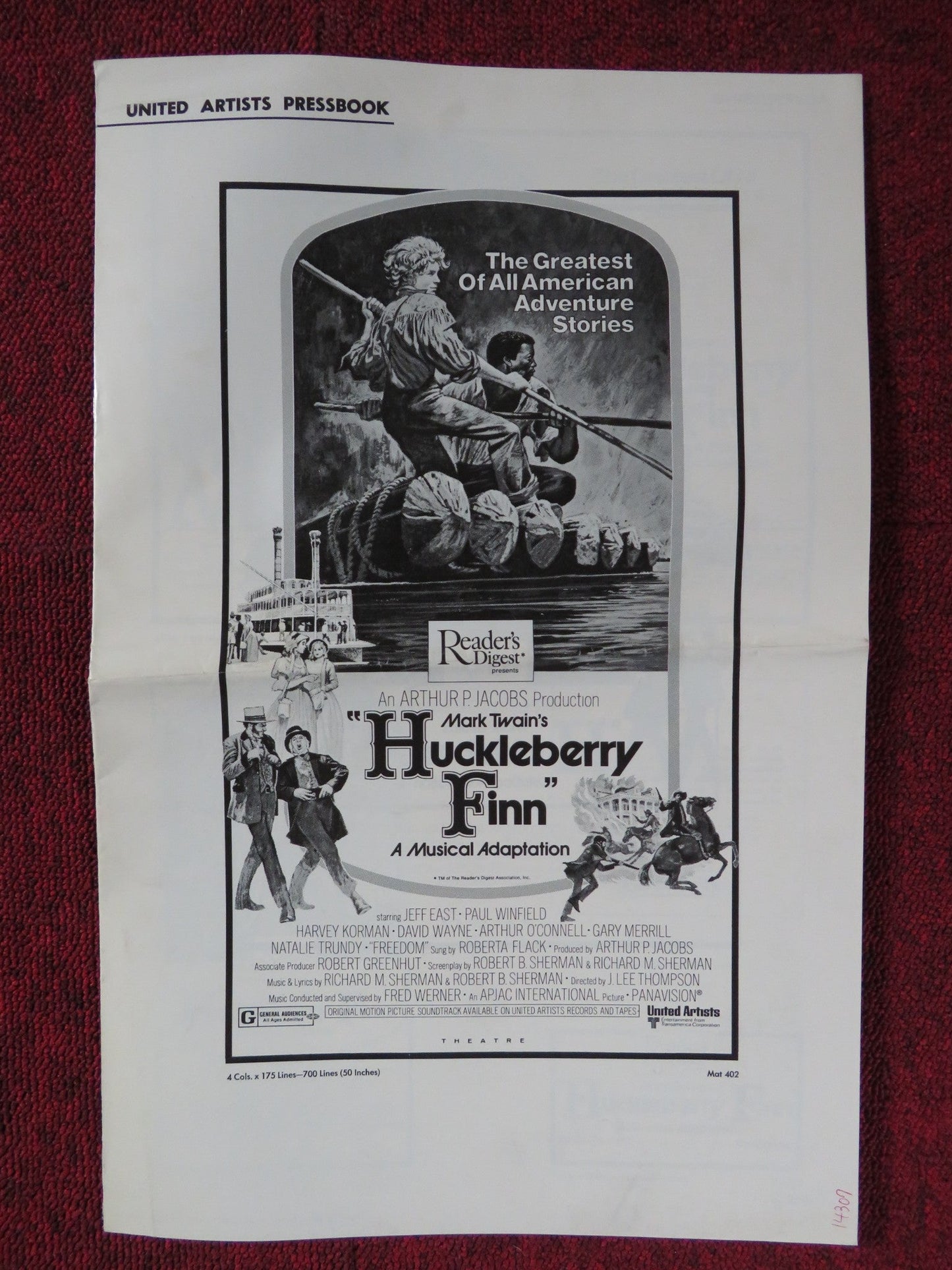 HUCKLEBERRY FINN UNCUT UNITED ARTISTS FOLDED PRESS BOOK JEFF EAST 1974 Rendezvous Cinema Movie posters
