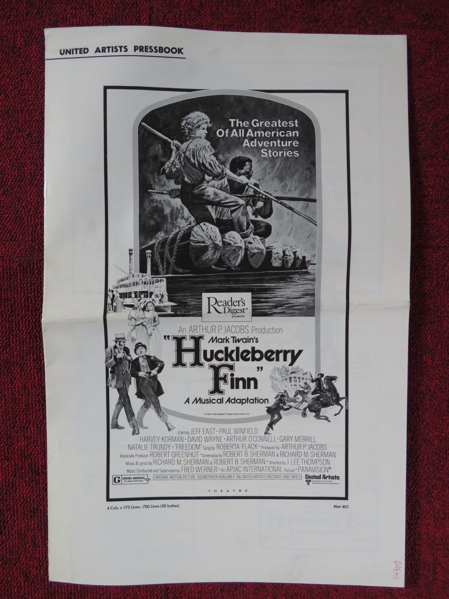 HUCKLEBERRY FINN UNCUT UNITED ARTISTS FOLDED PRESS BOOK JEFF EAST 1974 Rendezvous Cinema Movie posters